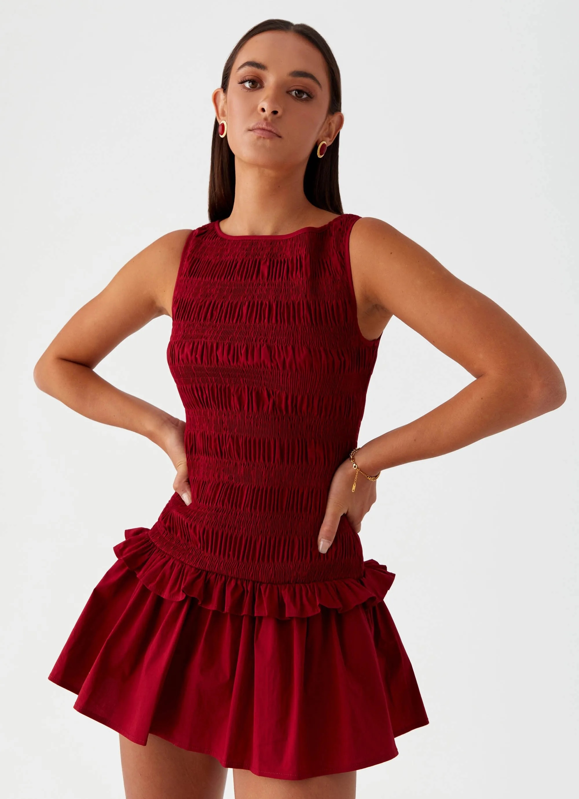 Garden Kisses Shirred Mini Dress - Maroon Chilly Comfort Wear