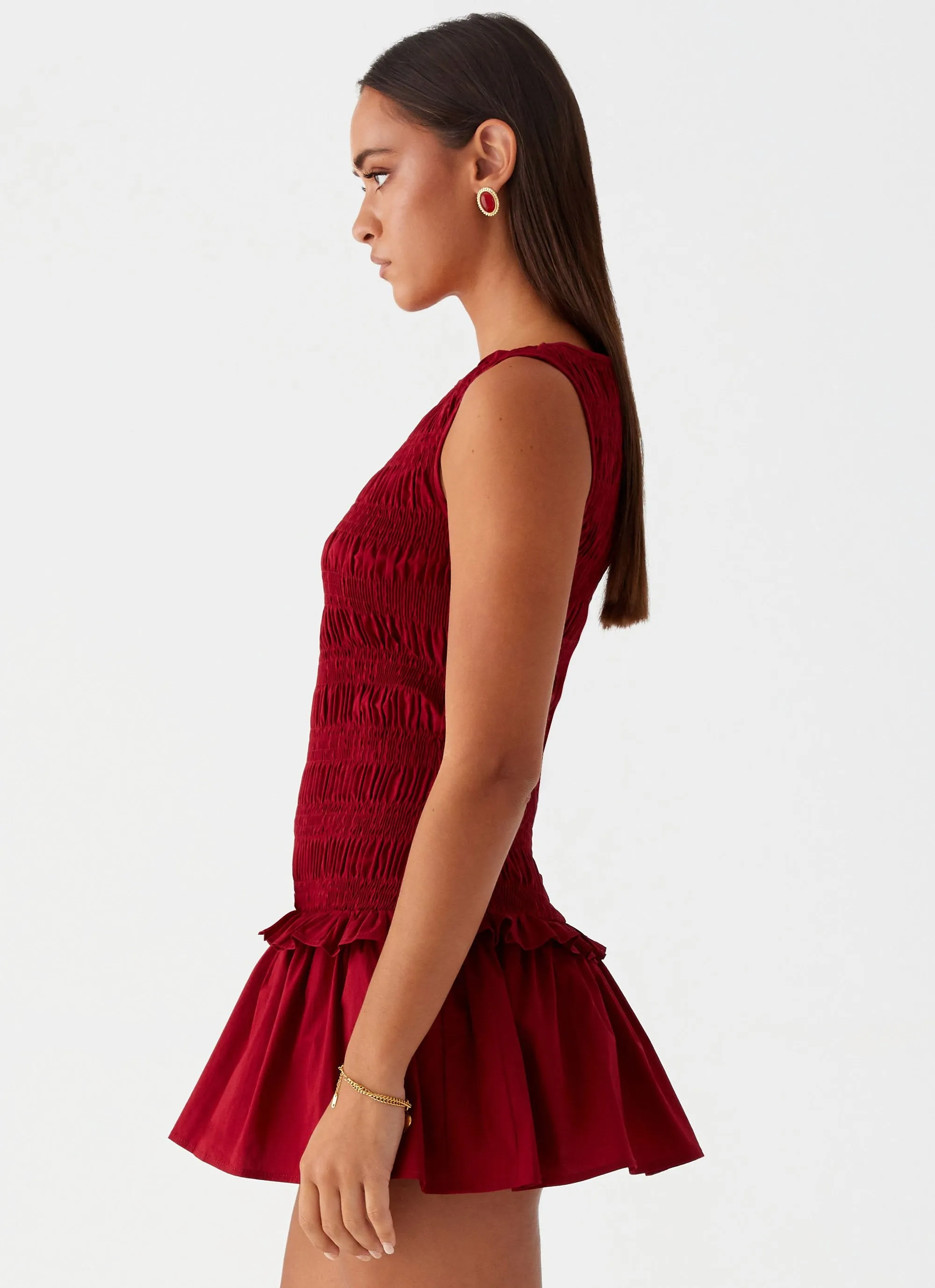 Casual Elegance Garden Kisses Shirred Mini Dress - Maroon