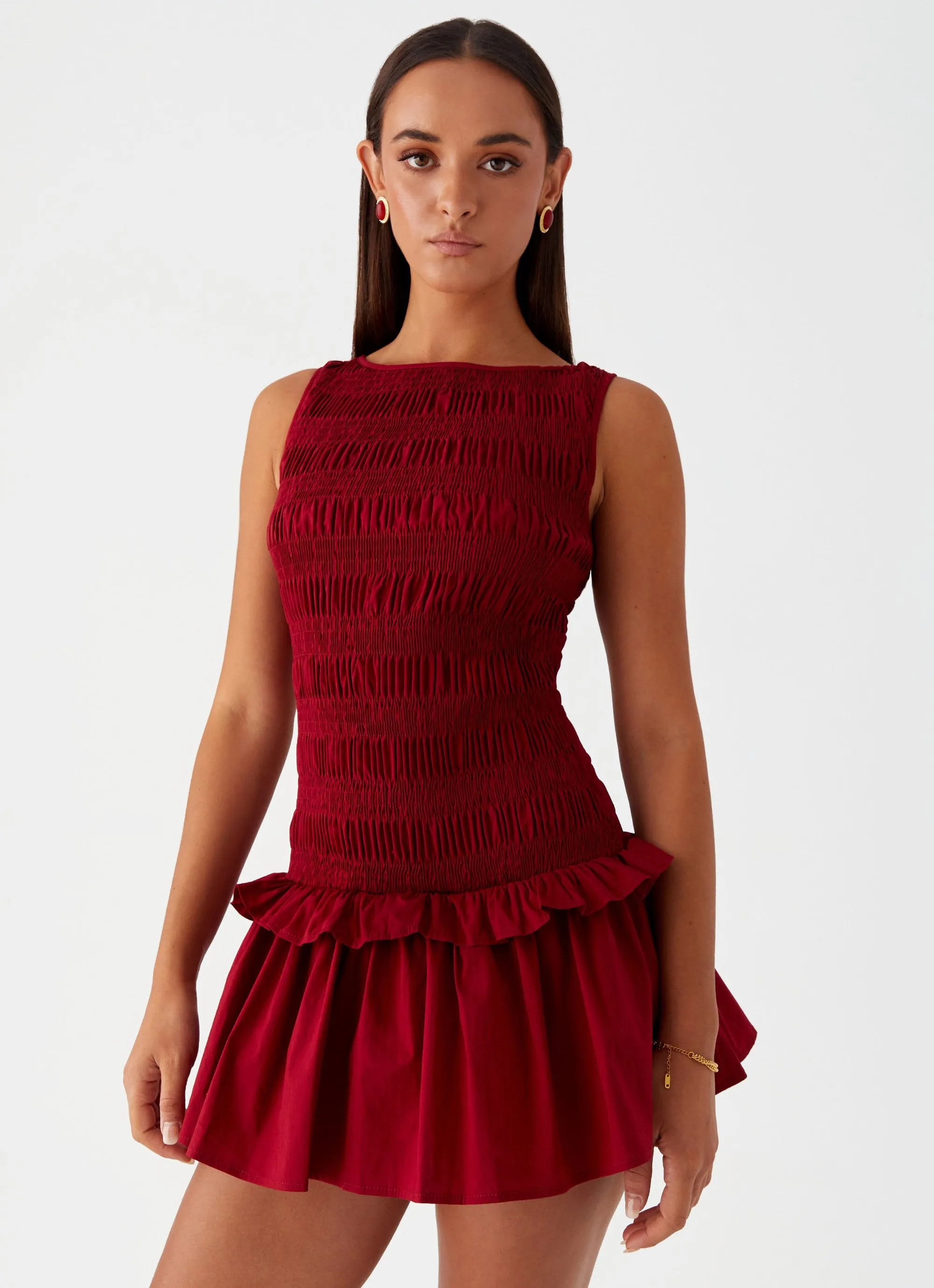 Garden Kisses Shirred Mini Dress - Maroon Bold Statement