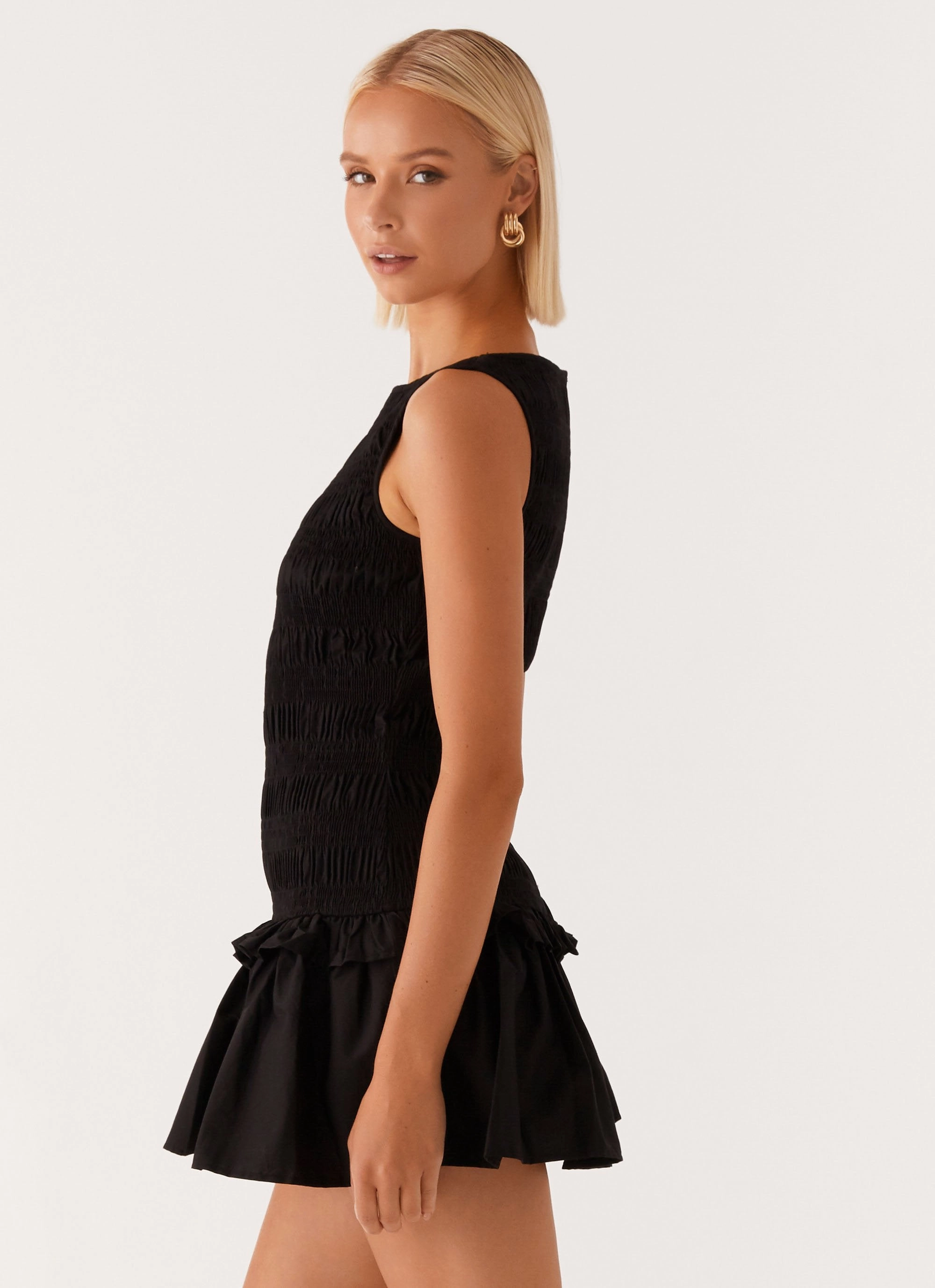 Boho Aesthetic Garden Kisses Shirred Mini Dress - Black