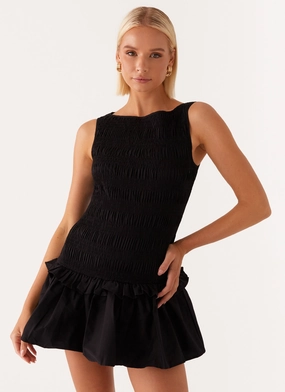 Garden Kisses Shirred Mini Dress - Black Clean Style Luxe Comfort