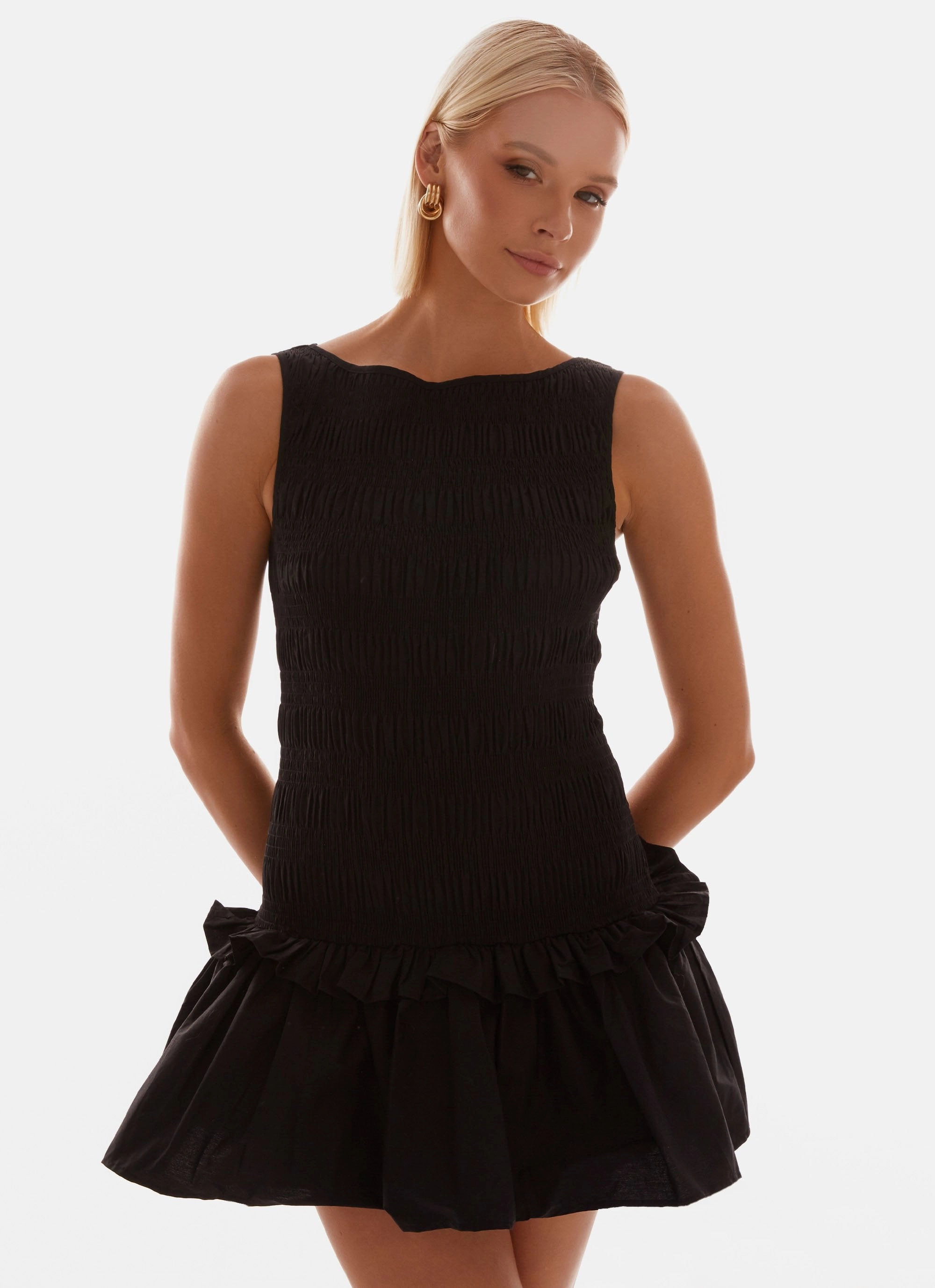 Garden Kisses Shirred Mini Dress - Black Lounge Base