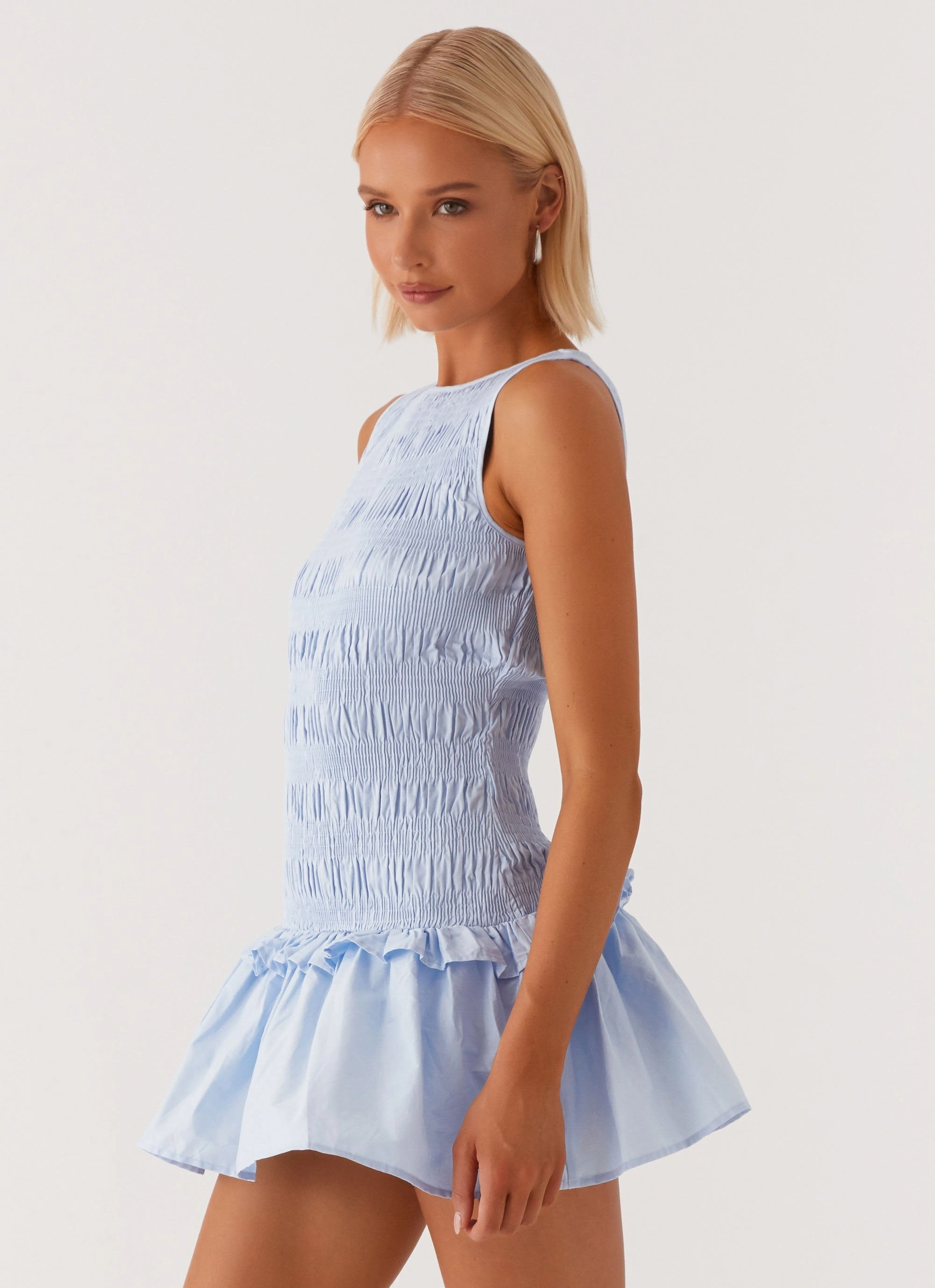 Garden Kisses Shirred Mini Dress - Blue Sleek Look Glossy-Finish