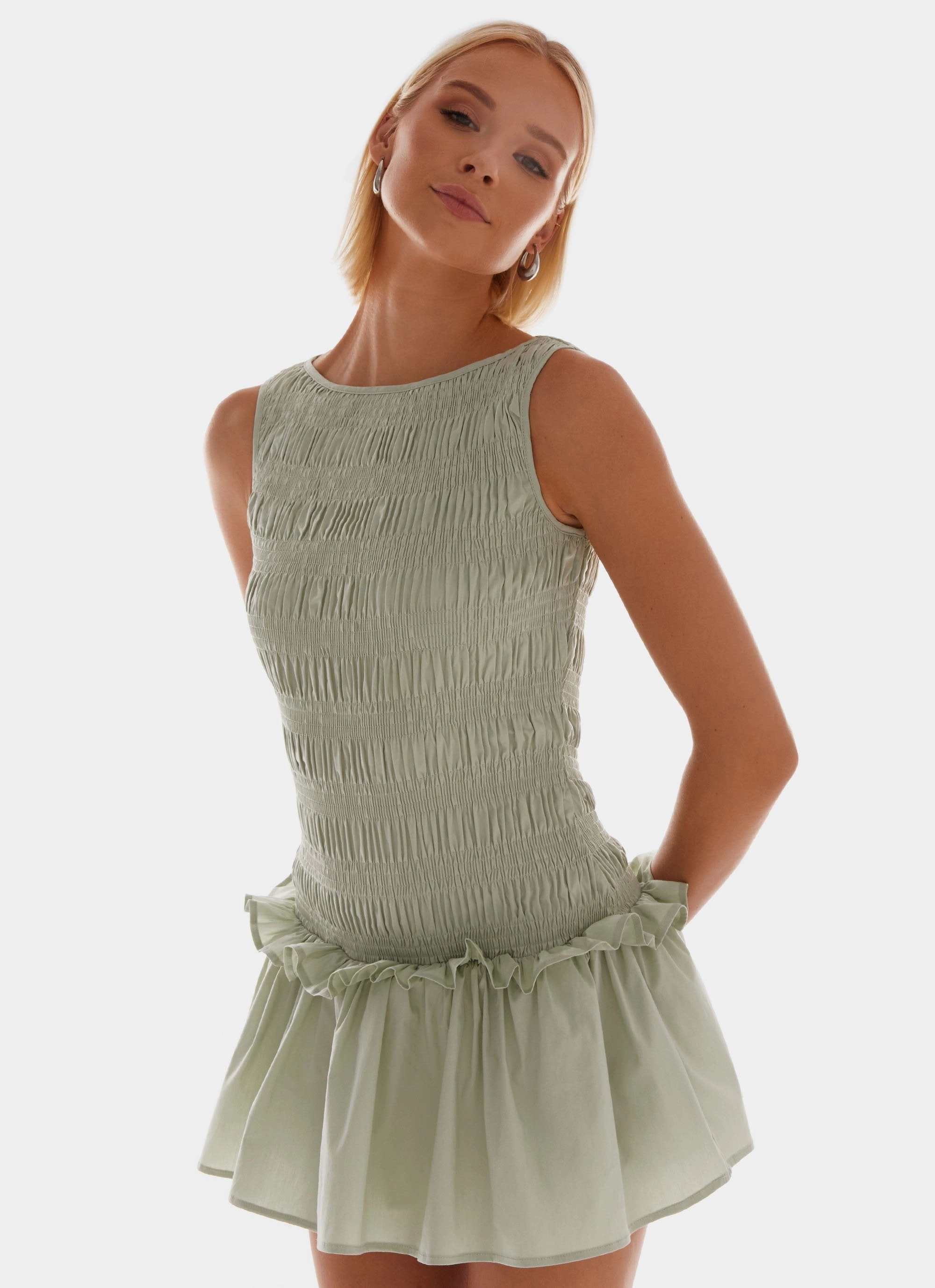 Garden Kisses Shirred Mini Dress - Sage Bold Pattern