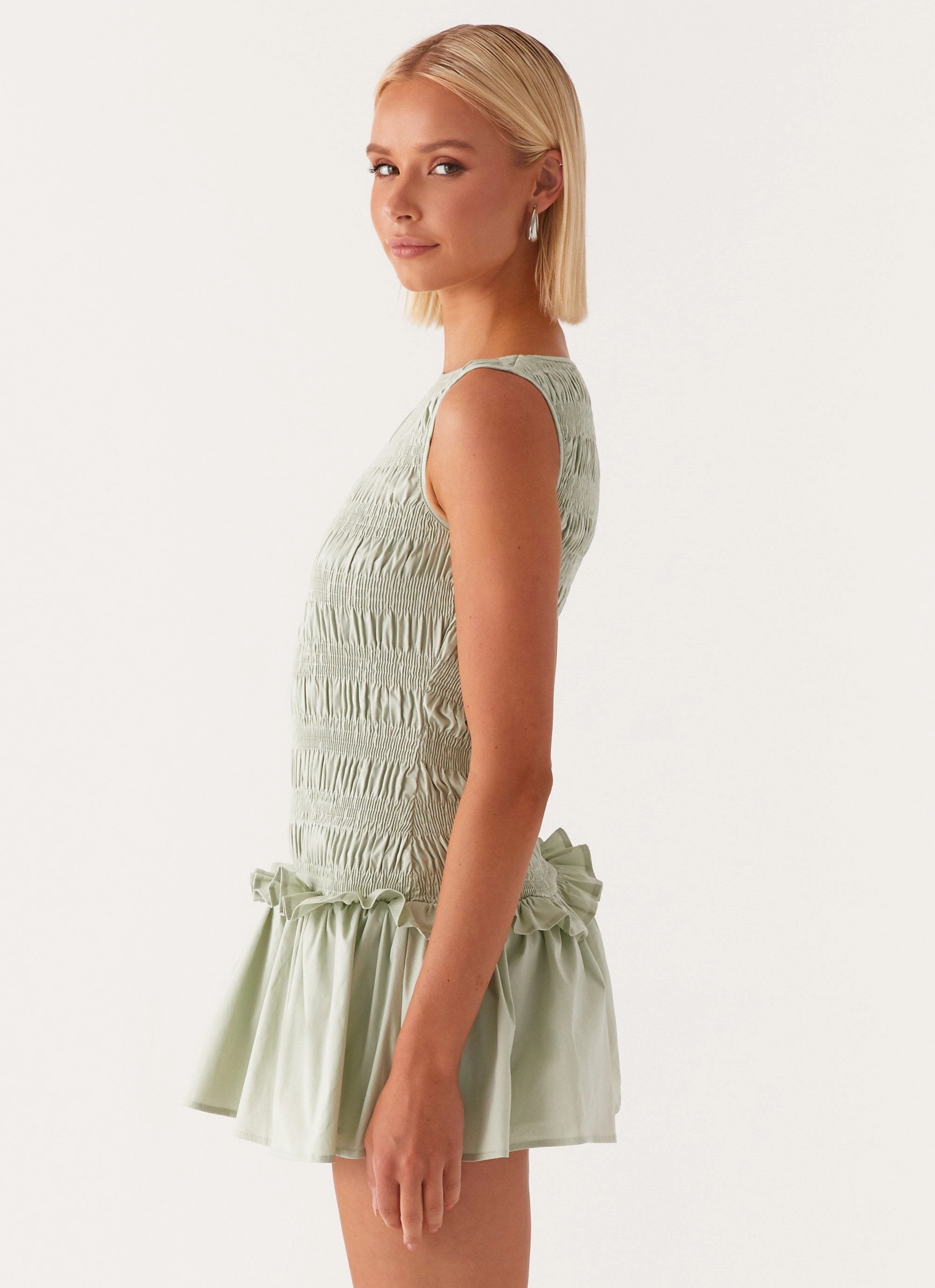 Cozy Style Garden Kisses Shirred Mini Dress - Sage