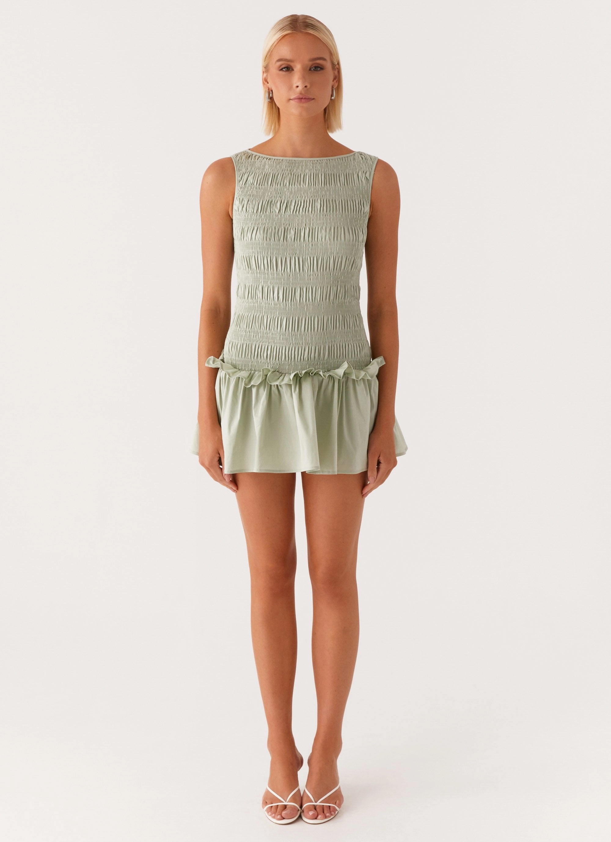 Garden Kisses Shirred Mini Dress - Sage Cozy Mood