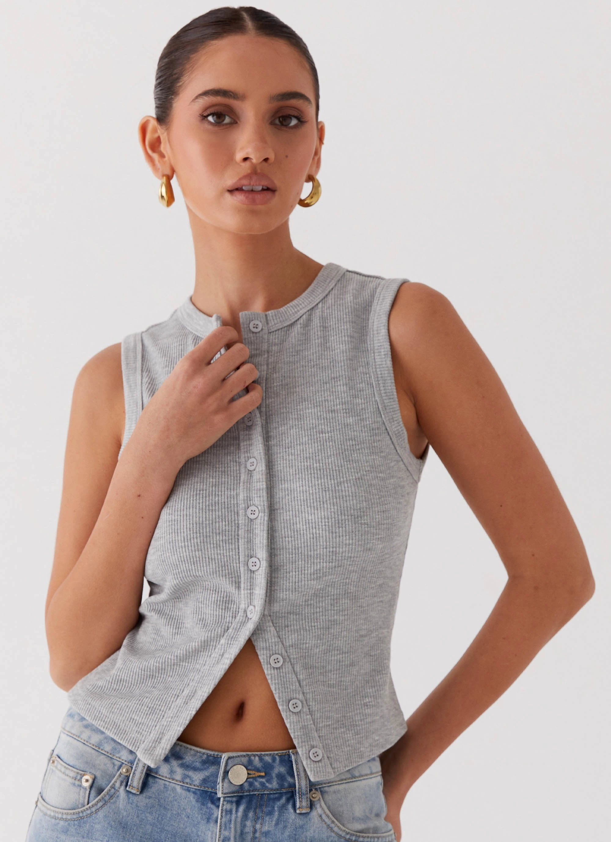 ConvertibleCollarSystem Blair Buttoned Tank Top - Grey Marle