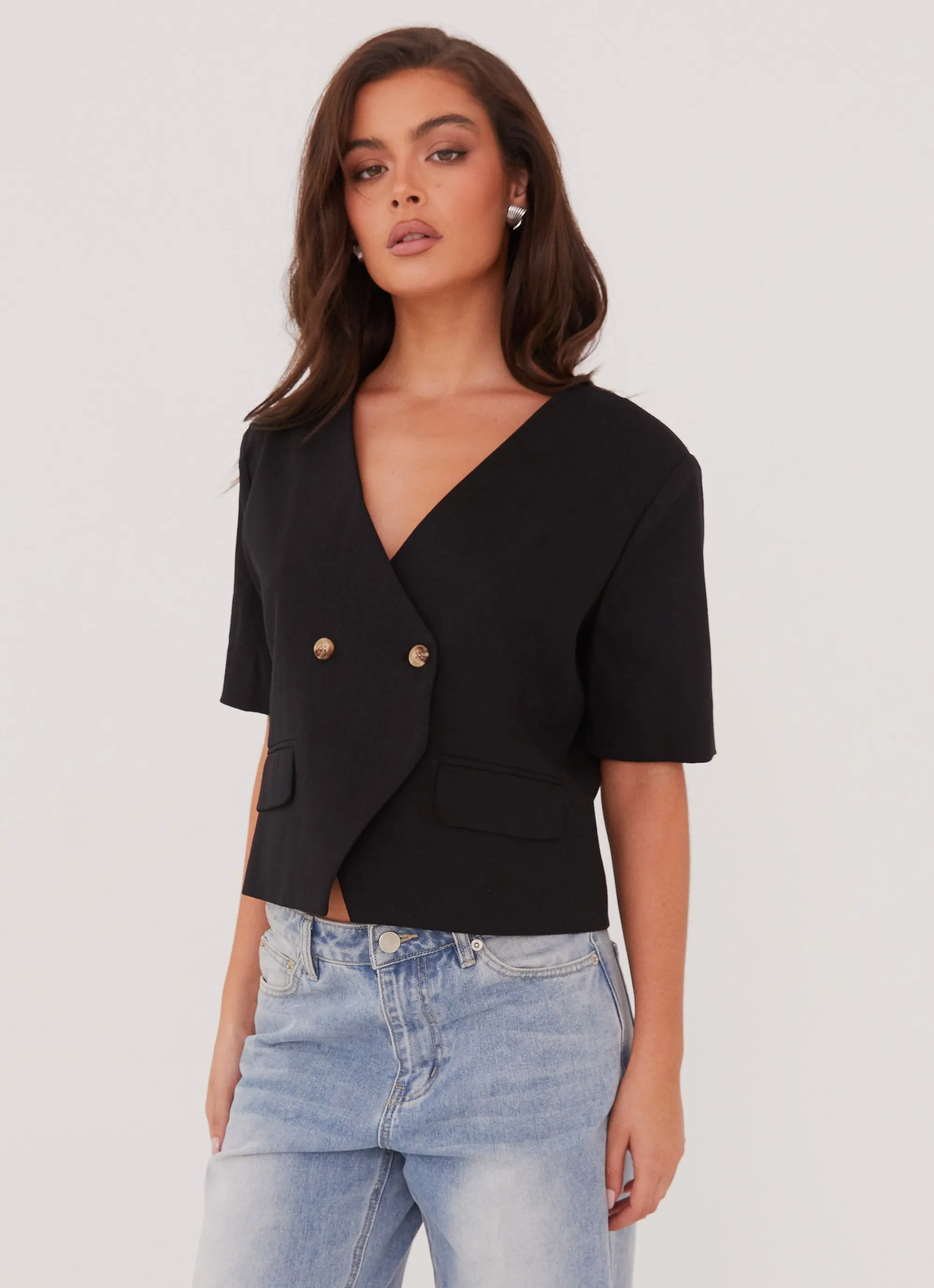 Hacienda Linen Short Sleeve Blazer - Black HighElasticity