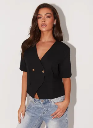 Soft Brushed Finish SeamlessKnitConstruction Hacienda Linen Short Sleeve Blazer - Black