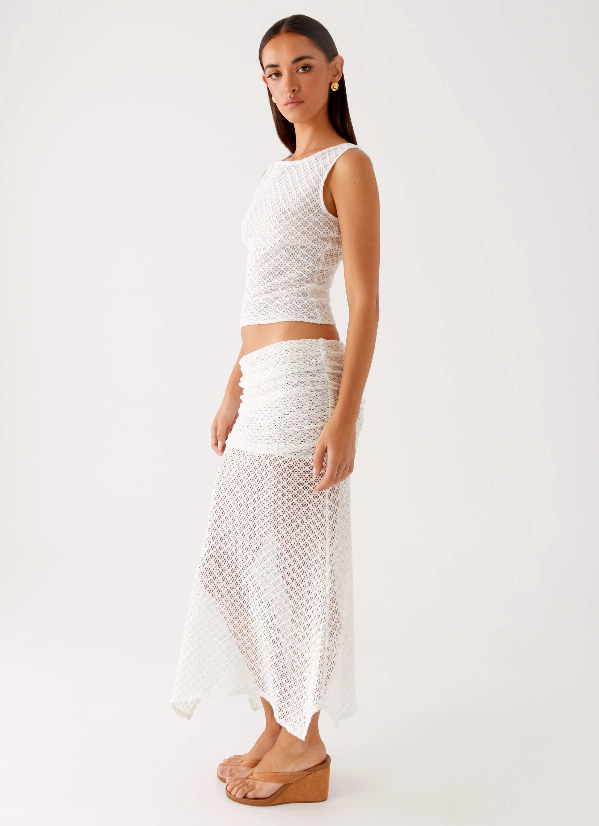Genesis Midi Skirt - White Elastic hem Patchwork Design