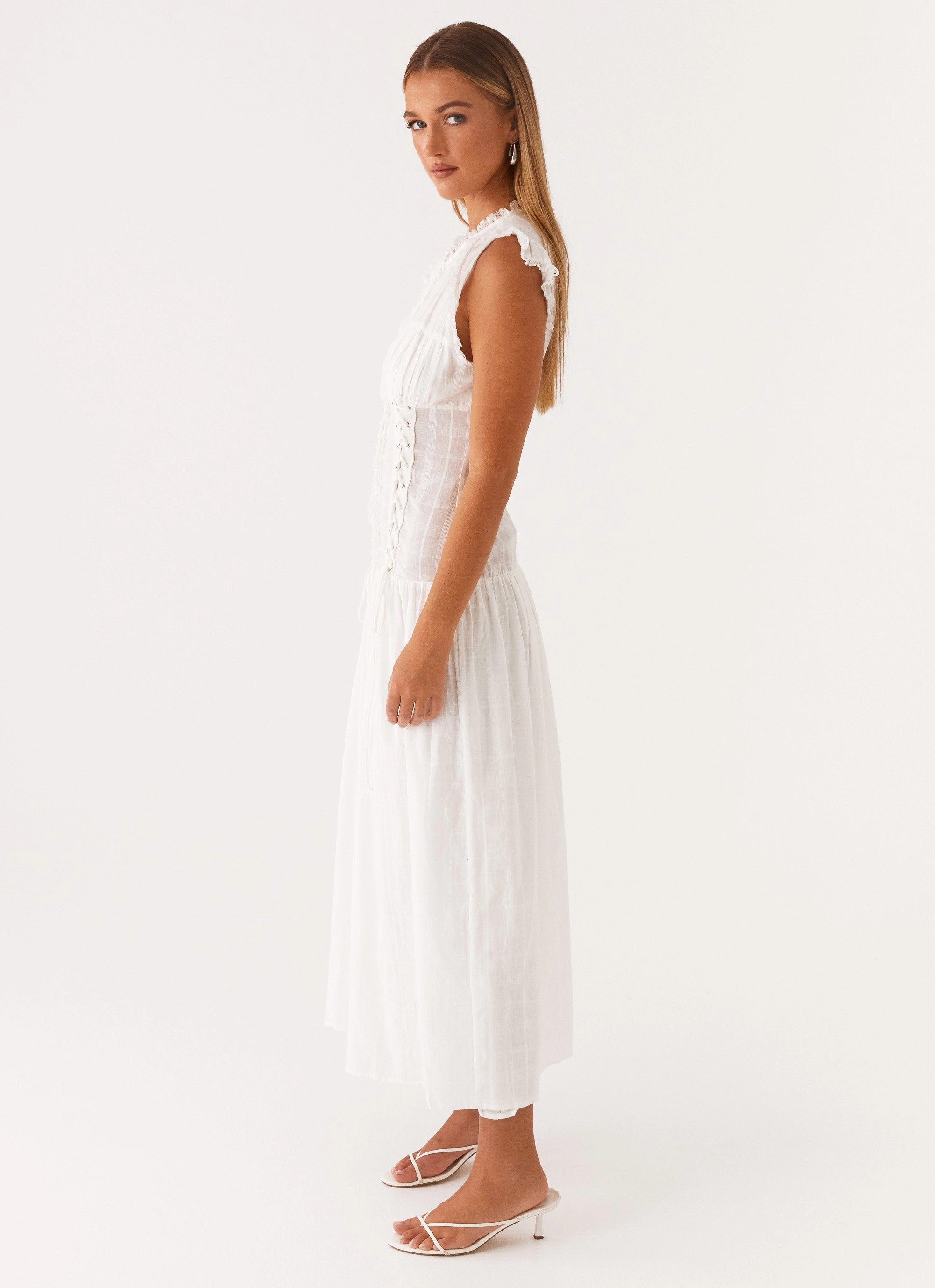 Genevieve Midi Dress - White Slit-Hem Art Inspired