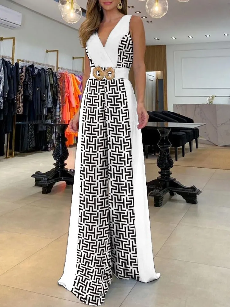 Geometric Print Wide Leg Jumpsuit Without Belt