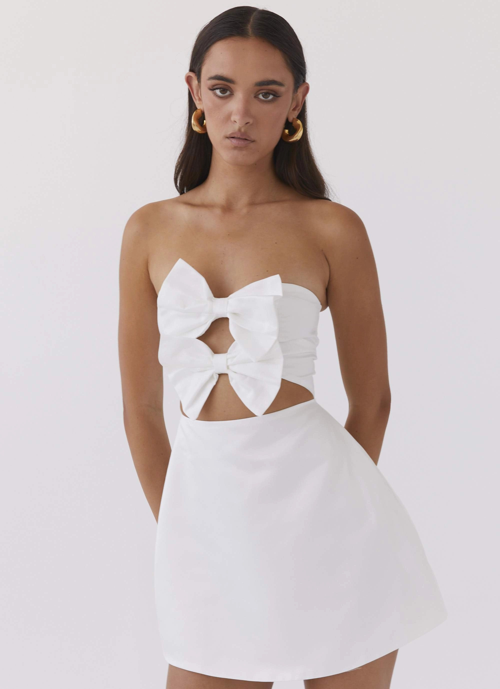 Girl Crush Bow Mini Dress - White Elegant Vibe Timeless Edge