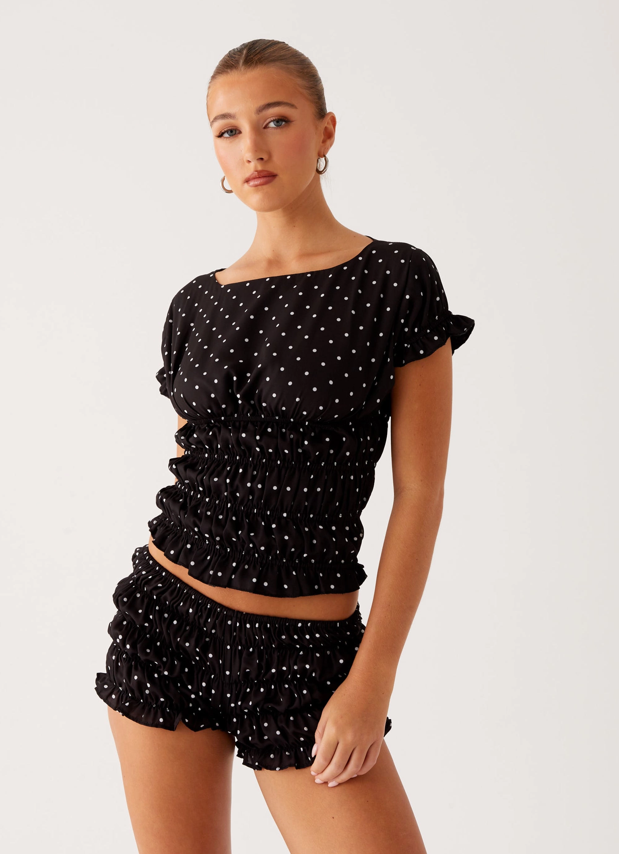 Girls Like Us Ruched Mini Shorts - Black Polka Dot Hypoallergenic Textile