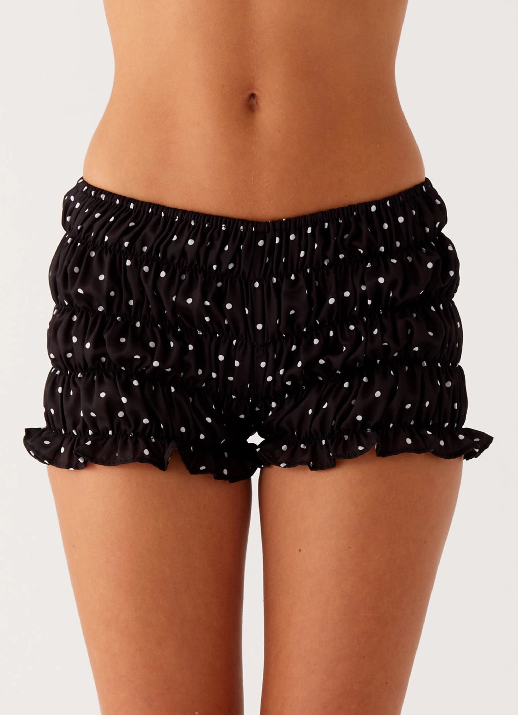 Girls Like Us Ruched Mini Shorts - Black Polka Dot Tech Use EcoFriendly Water Repellency