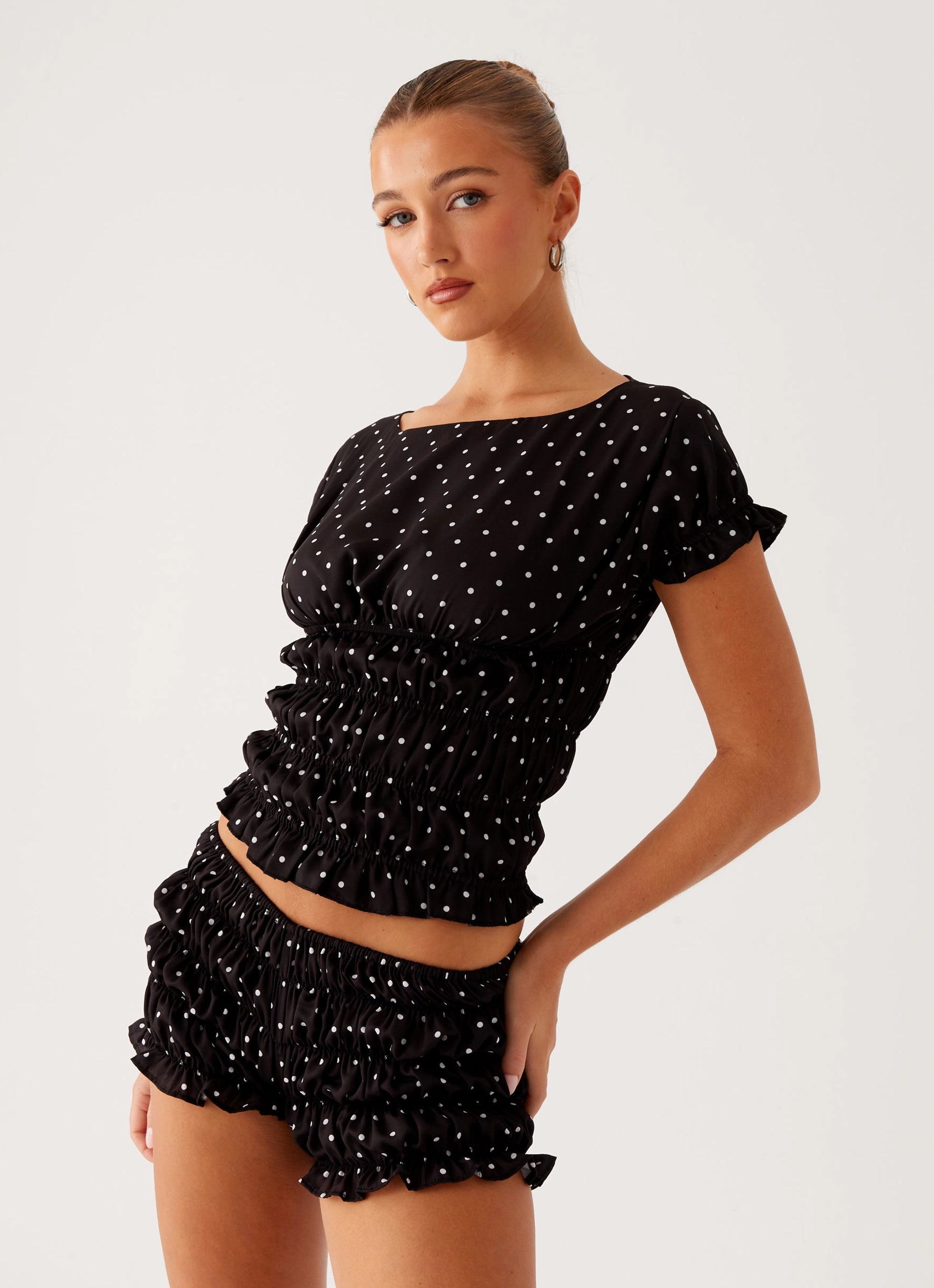 Girls Like Us Ruched Mini Shorts - Black Polka Dot Ergonomic Armhole Cut No Smell