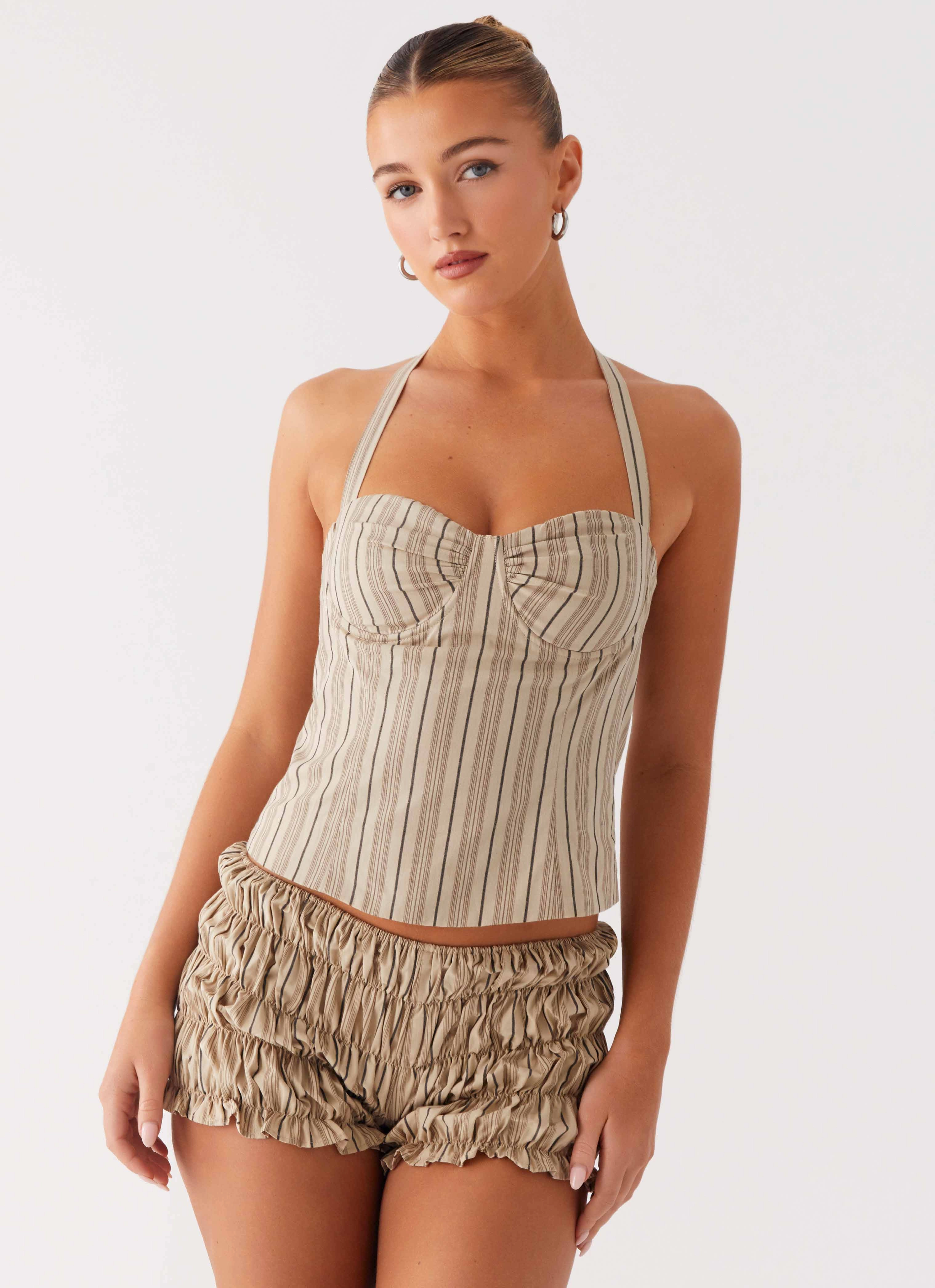 Water Resistant Finish Effortless Comfort Girls Like Us Ruched Mini Shorts - Oatmeal Stripe