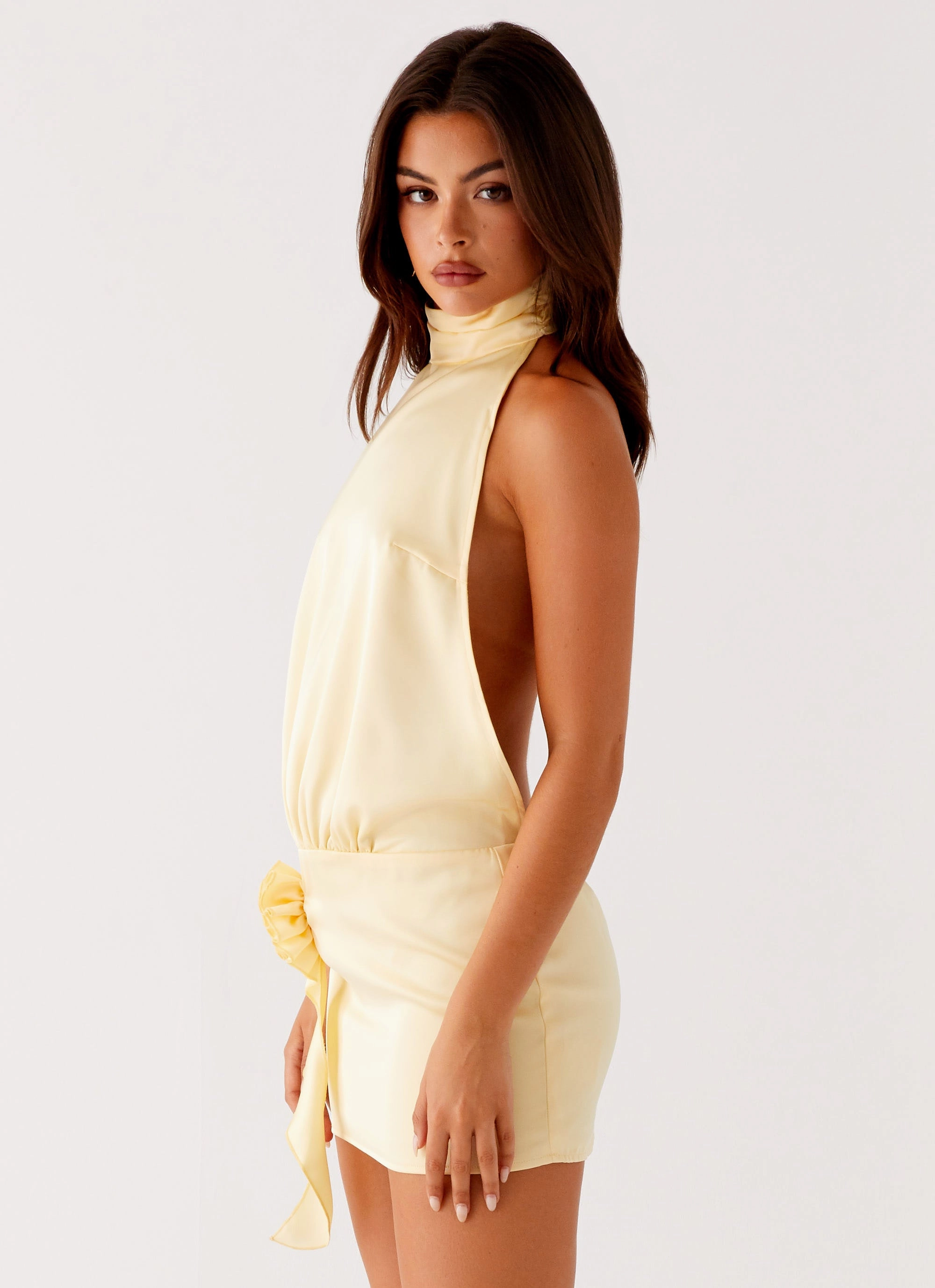 Birdie Halterneck Mini Dress - Yellow Textured Look