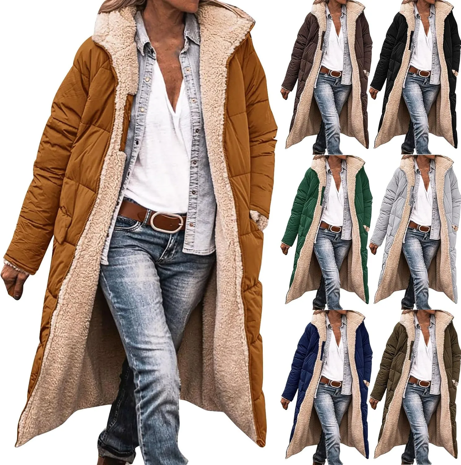 GOKKILRW Winter Coat for Women Warm Reversible Casual Fleece Sherpa Lined Long Hooded Parkas Puffer Jackets Outerwear