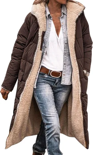 GOKKILRW Winter Coat for Women Warm Reversible Casual Fleece Sherpa Lined Long Hooded Parkas Puffer Jackets Outerwear