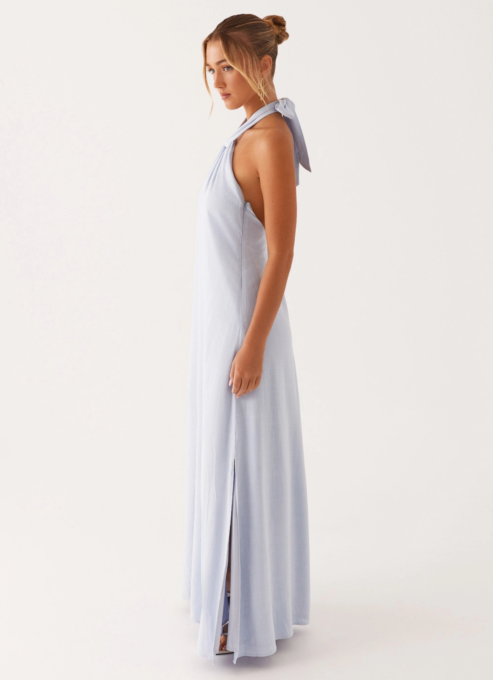 Golden Child Linen Maxi Dress - Blue Fitted Design
