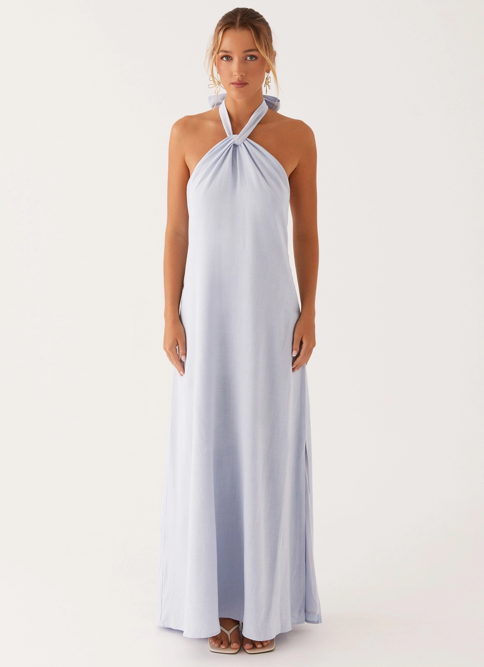 Golden Child Linen Maxi Dress - Blue Form Fitting