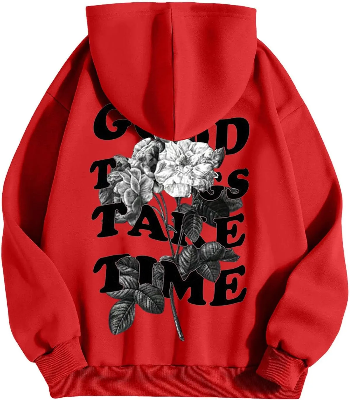 Good Things Take Time & Rose Shape Graphic Hoodie for Men Long Sleeve Y2K Hooded Pullover Tops Oversized Comfort Hoodies