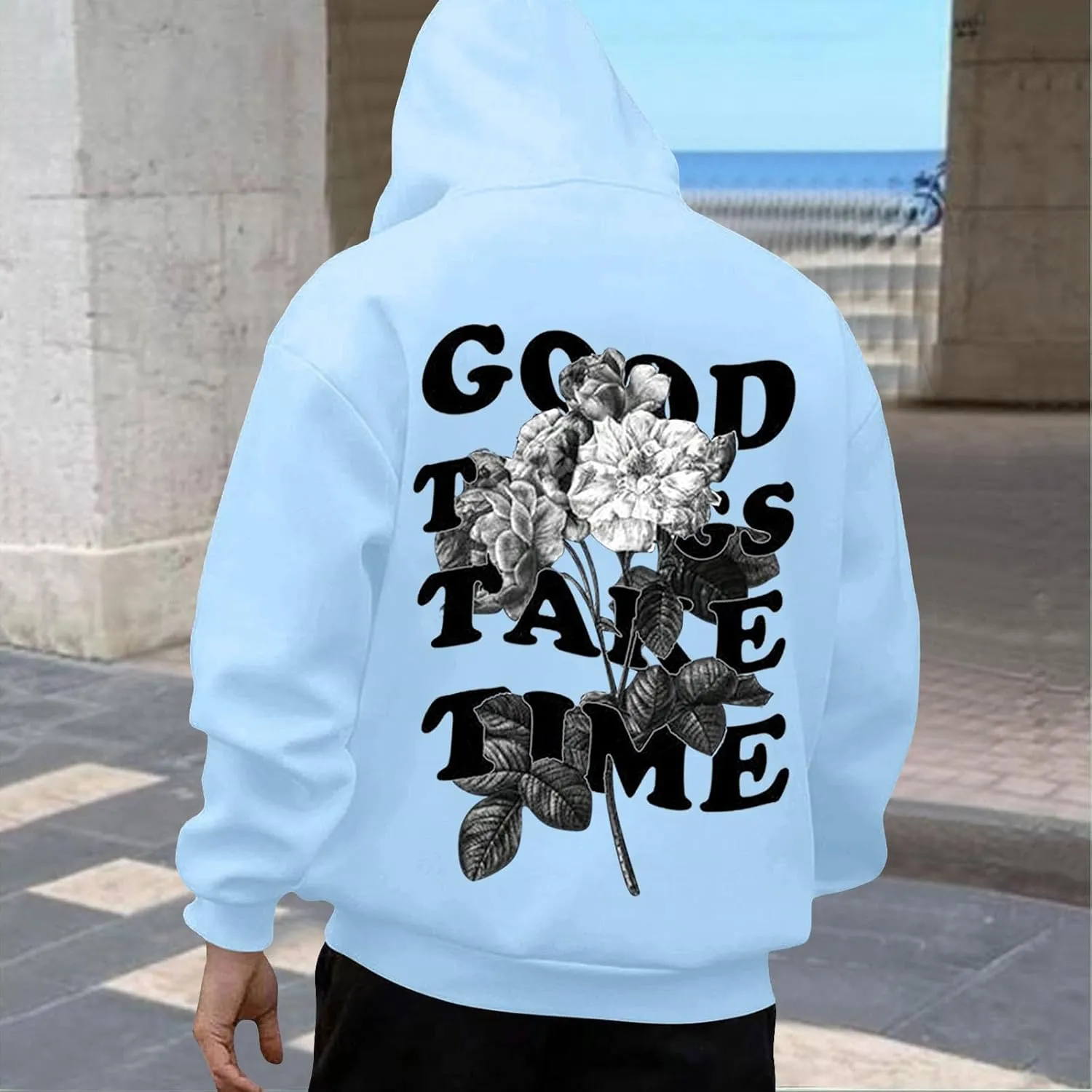 Good Things Take Time & Rose Shape Graphic Hoodie for Men Long Sleeve Y2K Hooded Pullover Tops Oversized Comfort Hoodies