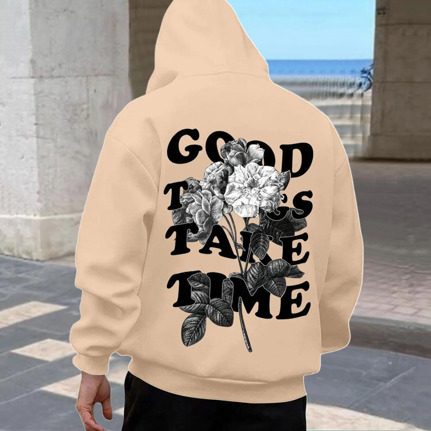 Good Things Take Time & Rose Shape Graphic Hoodie for Men Long Sleeve Y2K Hooded Pullover Tops Oversized Comfort Hoodies