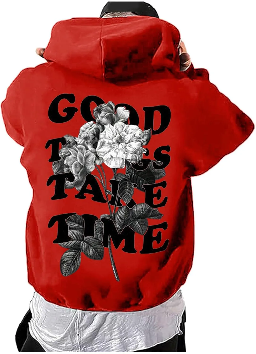Good Things Take Time & Rose Shape Graphic Hoodie for Men Long Sleeve Y2K Hooded Pullover Tops Oversized Comfort Hoodies