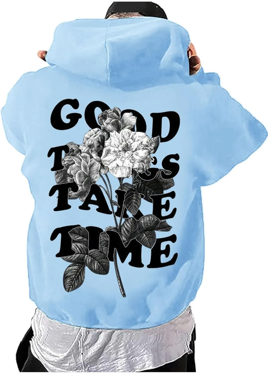 Good Things Take Time & Rose Shape Graphic Hoodie for Men Long Sleeve Y2K Hooded Pullover Tops Oversized Comfort Hoodies