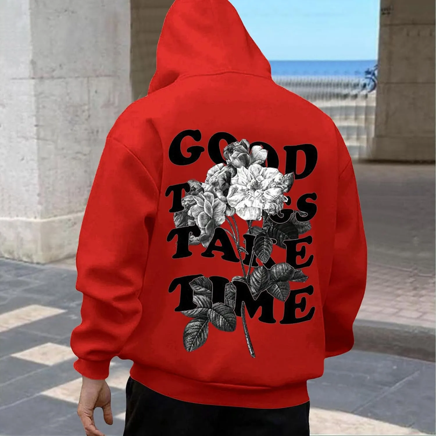 Good Things Take Time & Rose Shape Graphic Hoodie for Men Long Sleeve Y2K Hooded Pullover Tops Oversized Comfort Hoodies