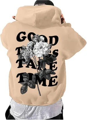 Good Things Take Time & Rose Shape Graphic Hoodie for Men Long Sleeve Y2K Hooded Pullover Tops Oversized Comfort Hoodies