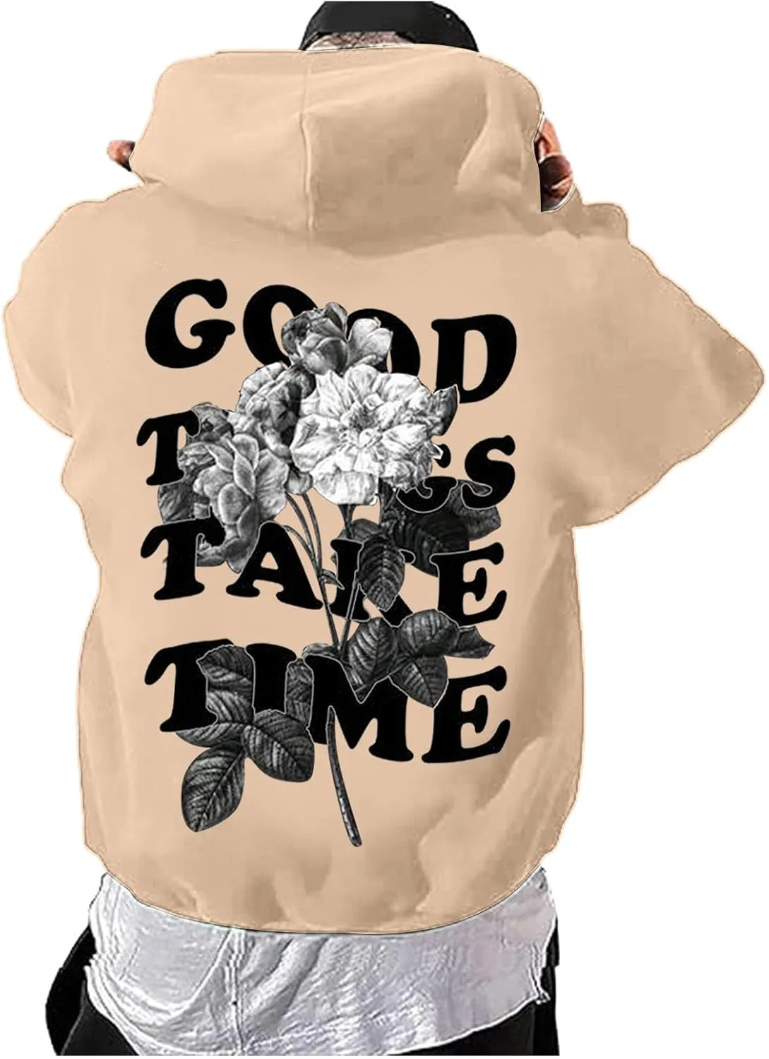 Good Things Take Time & Rose Shape Graphic Hoodie for Men Long Sleeve Y2K Hooded Pullover Tops Oversized Comfort Hoodies