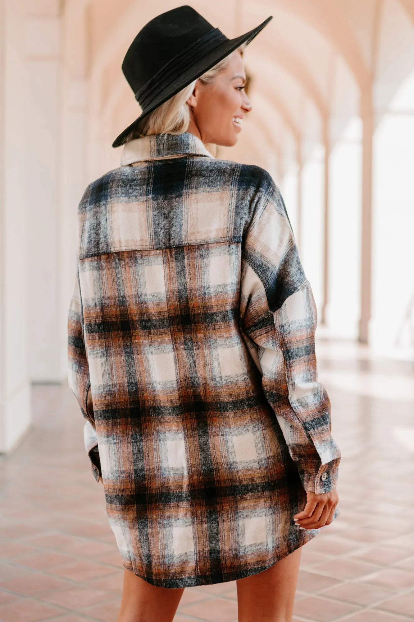 Good To Be Plaid Oversized Plaid Flannel (Navy/Brown)