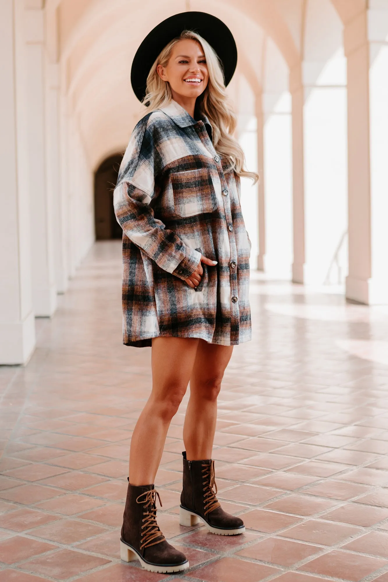 Good To Be Plaid Oversized Plaid Flannel (Navy/Brown)