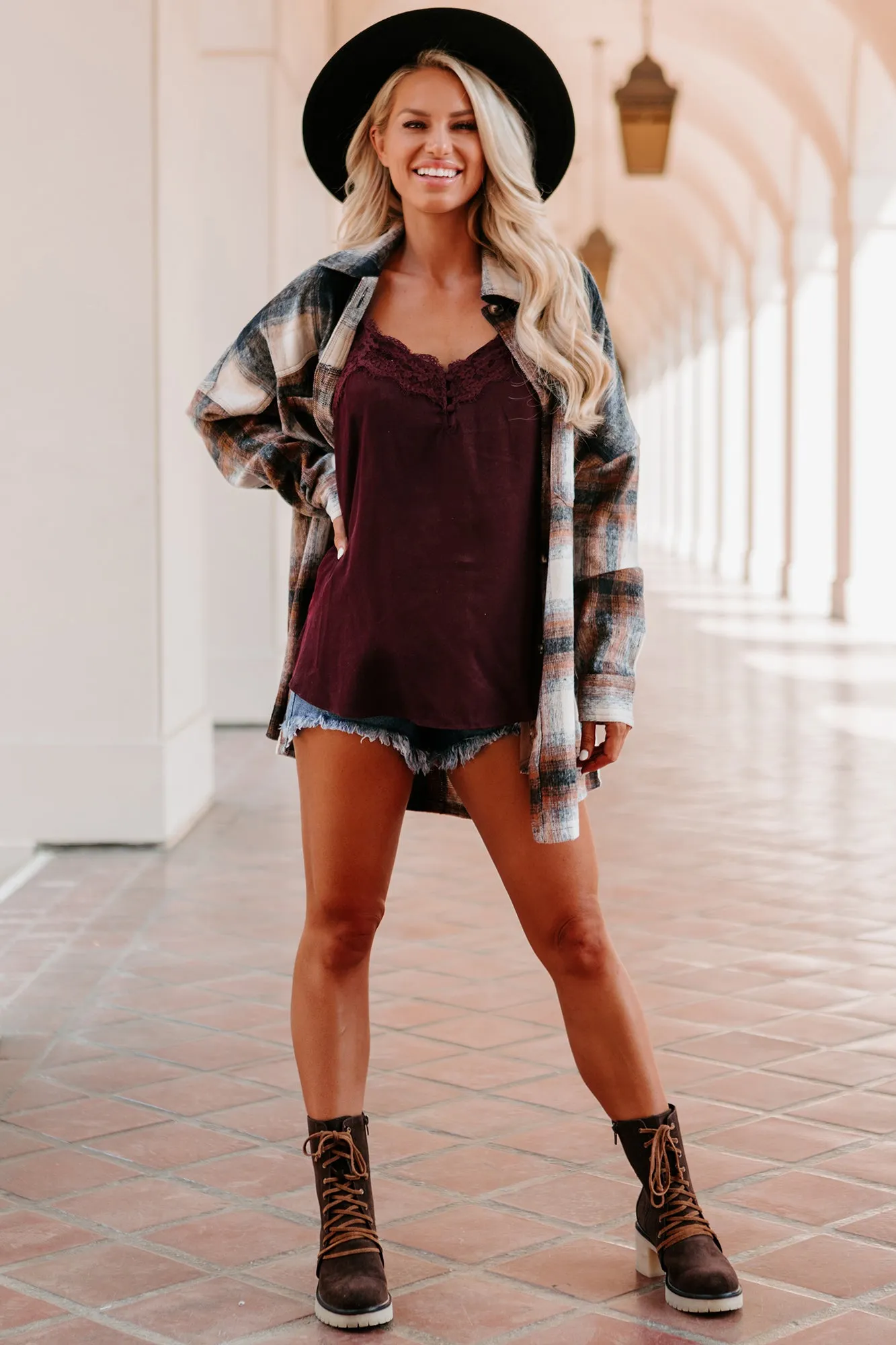 Good To Be Plaid Oversized Plaid Flannel (Navy/Brown)