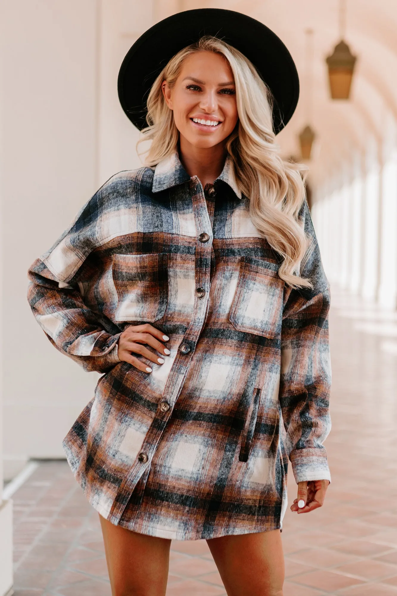 Good To Be Plaid Oversized Plaid Flannel (Navy/Brown)