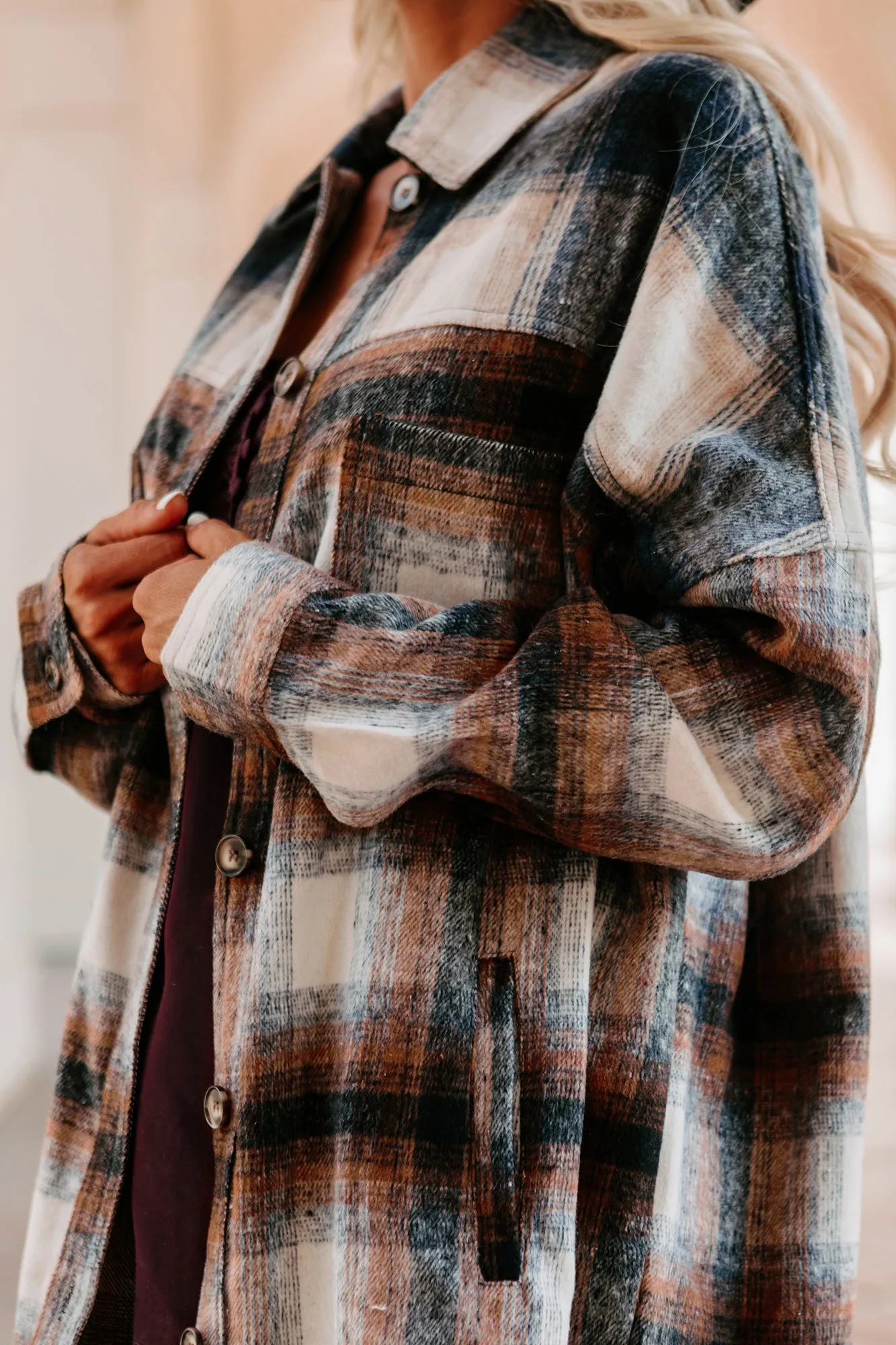Good To Be Plaid Oversized Plaid Flannel (Navy/Brown)