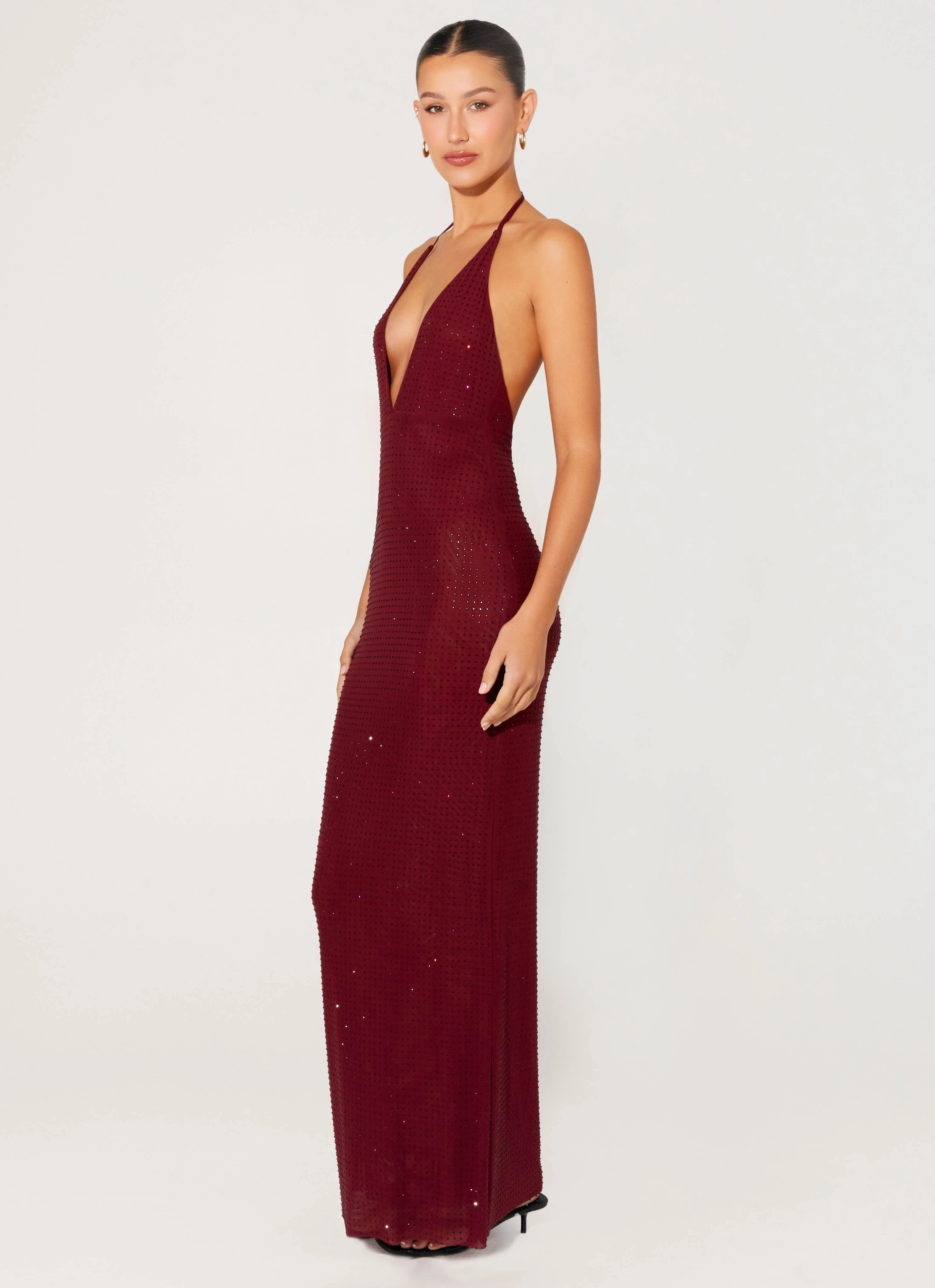 Keliese Beaded Maxi Dress - Burgundy Bohemian style Pleated-Skirt