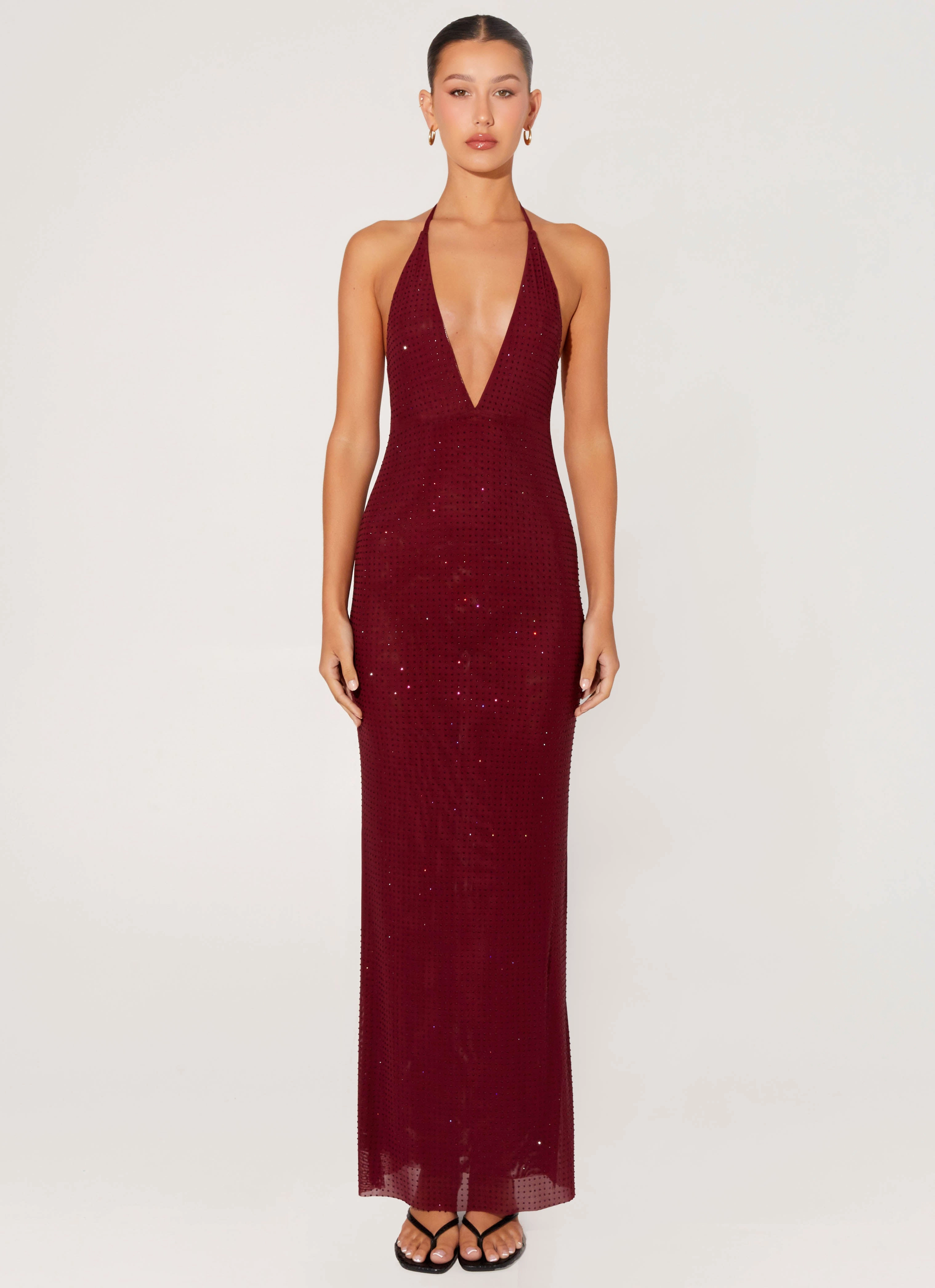 Flexible Fabric Keliese Beaded Maxi Dress - Burgundy