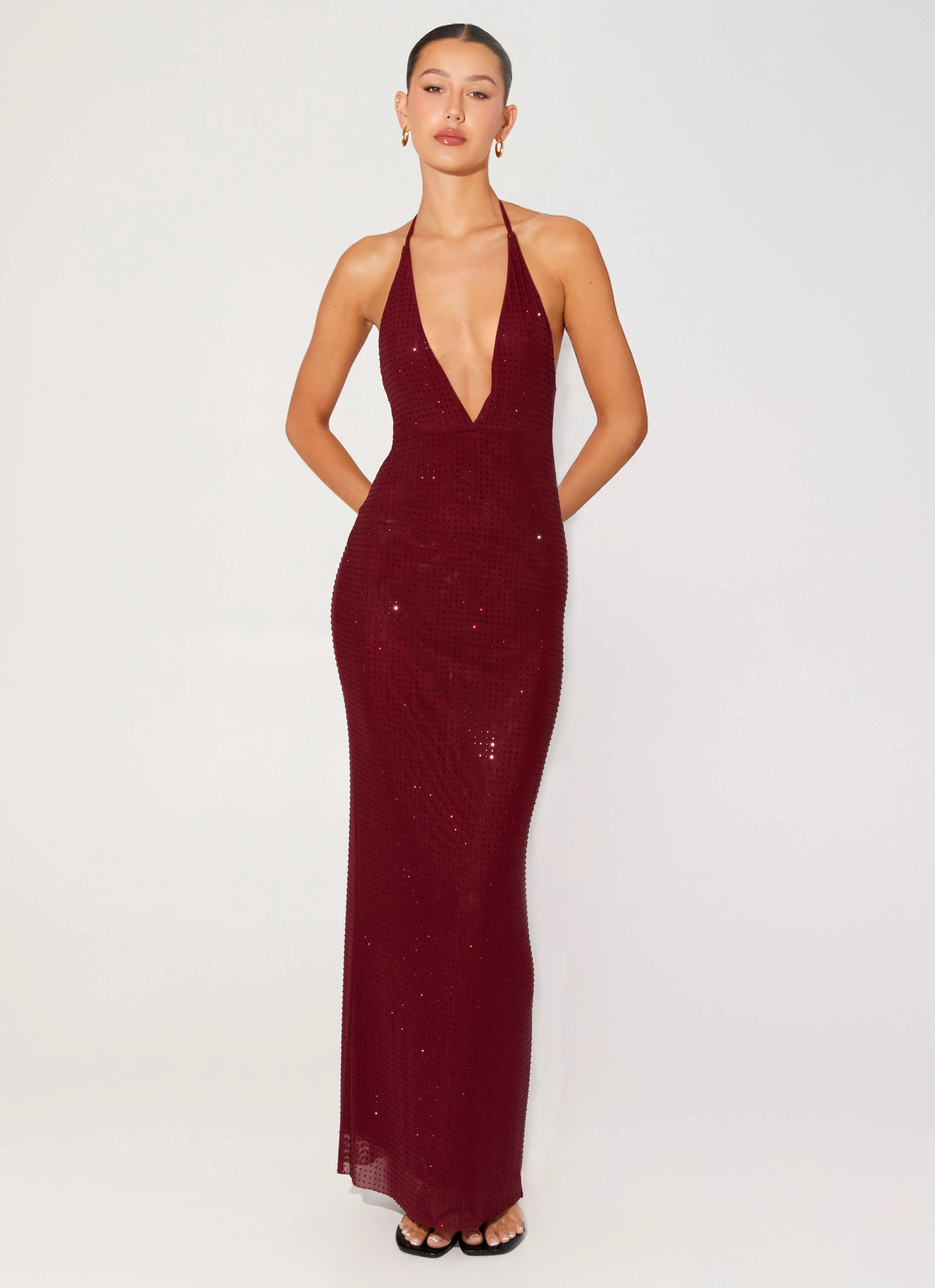 Peplum-Style Keliese Beaded Maxi Dress - Burgundy