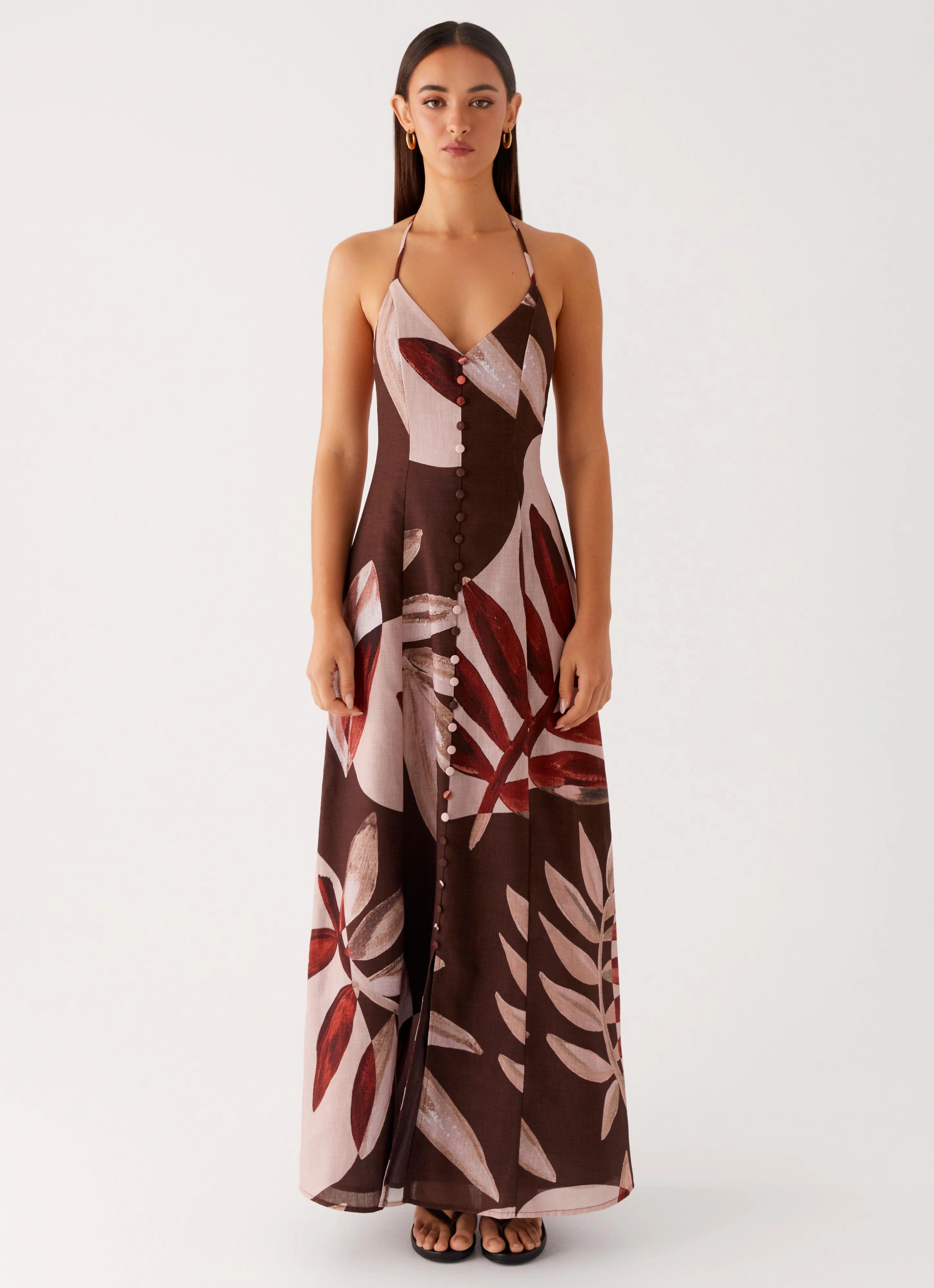 Light Silhouette Smooth Texture Autumn Linen Maxi Dress - Cinnamon Palm