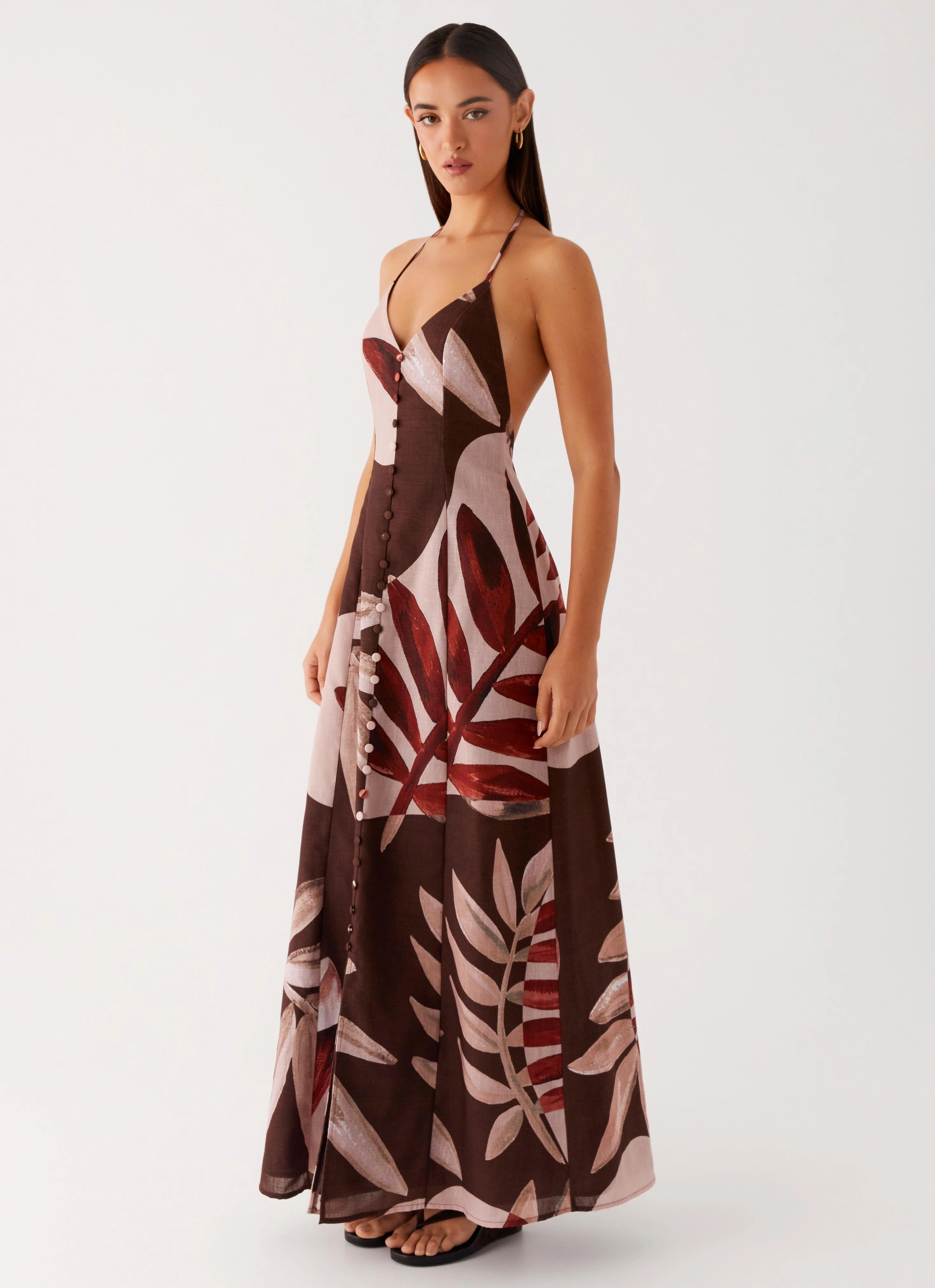 Power Soft Metallic-Shine Autumn Linen Maxi Dress - Cinnamon Palm