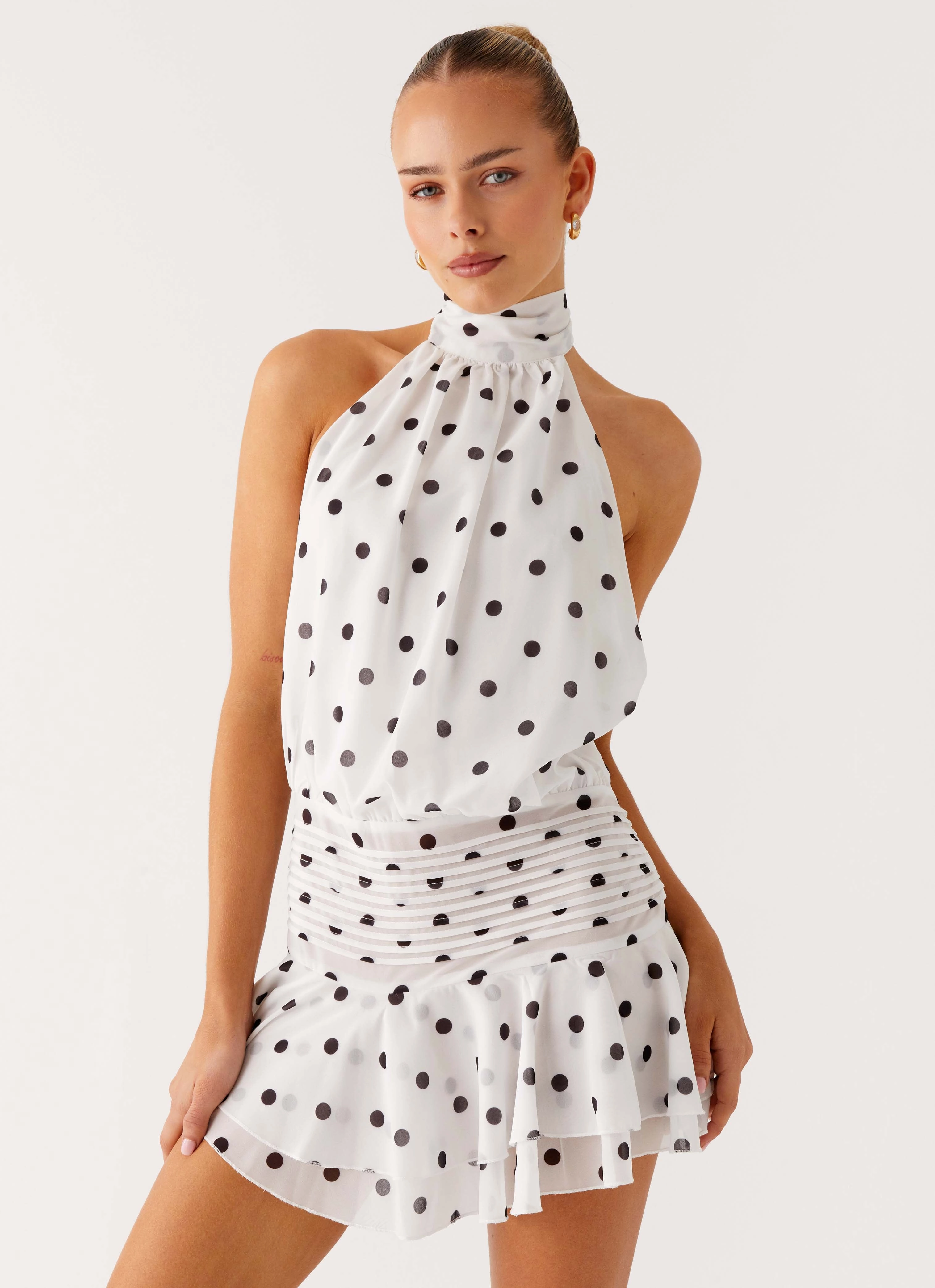 Willow Chiffon Mini Dress - White Polka Dot NoiseFreeFabric