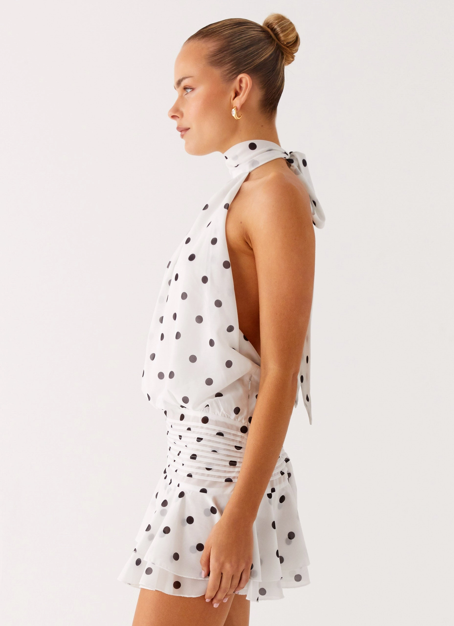 Willow Chiffon Mini Dress - White Polka Dot WideCollarDesign