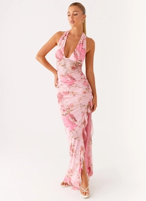 Micca Halter Maxi Dress - Pink Floral Print Chic Tailoring Design Effortless Mood