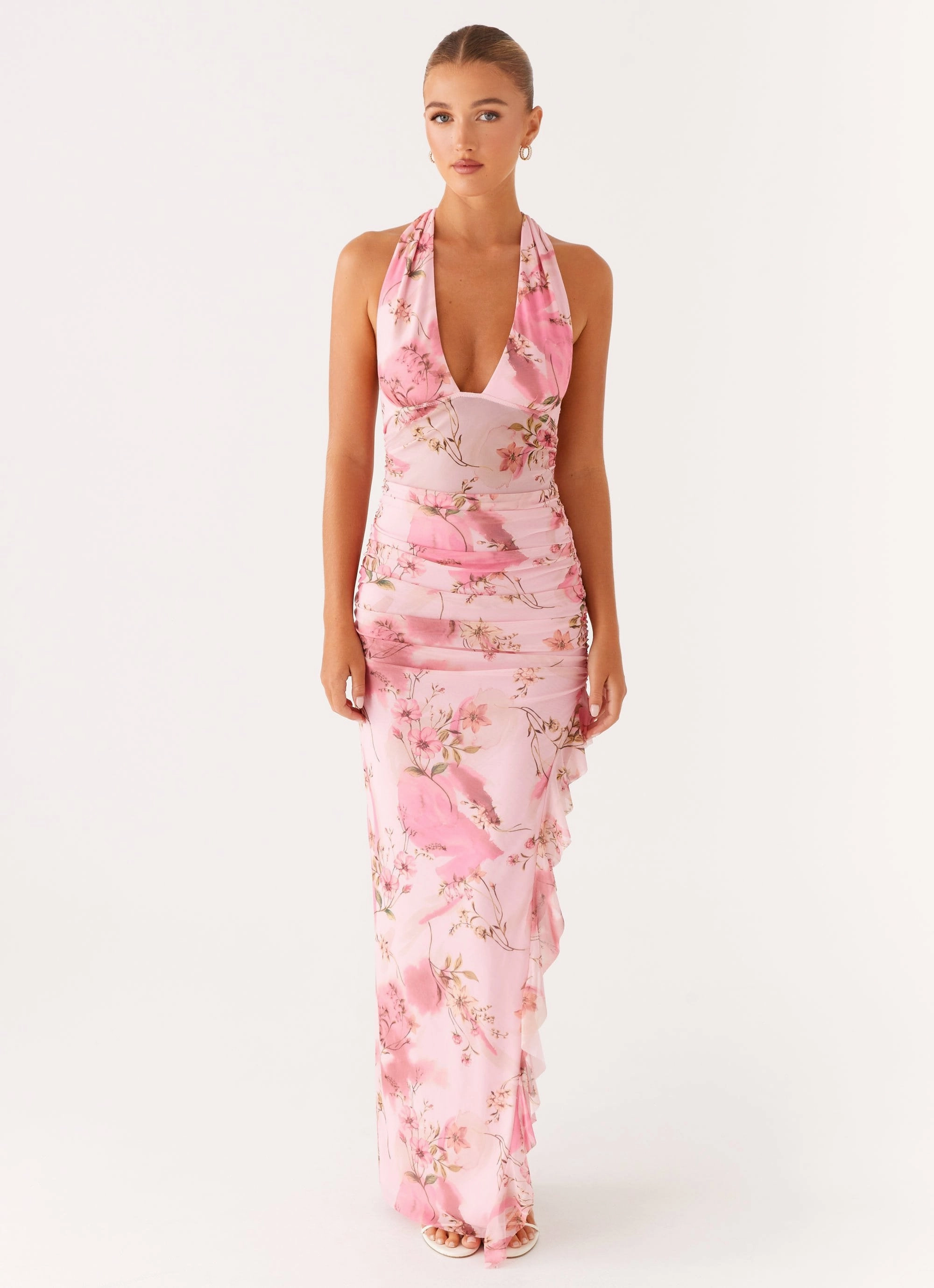Mood Edge Micca Halter Maxi Dress - Pink Floral Print