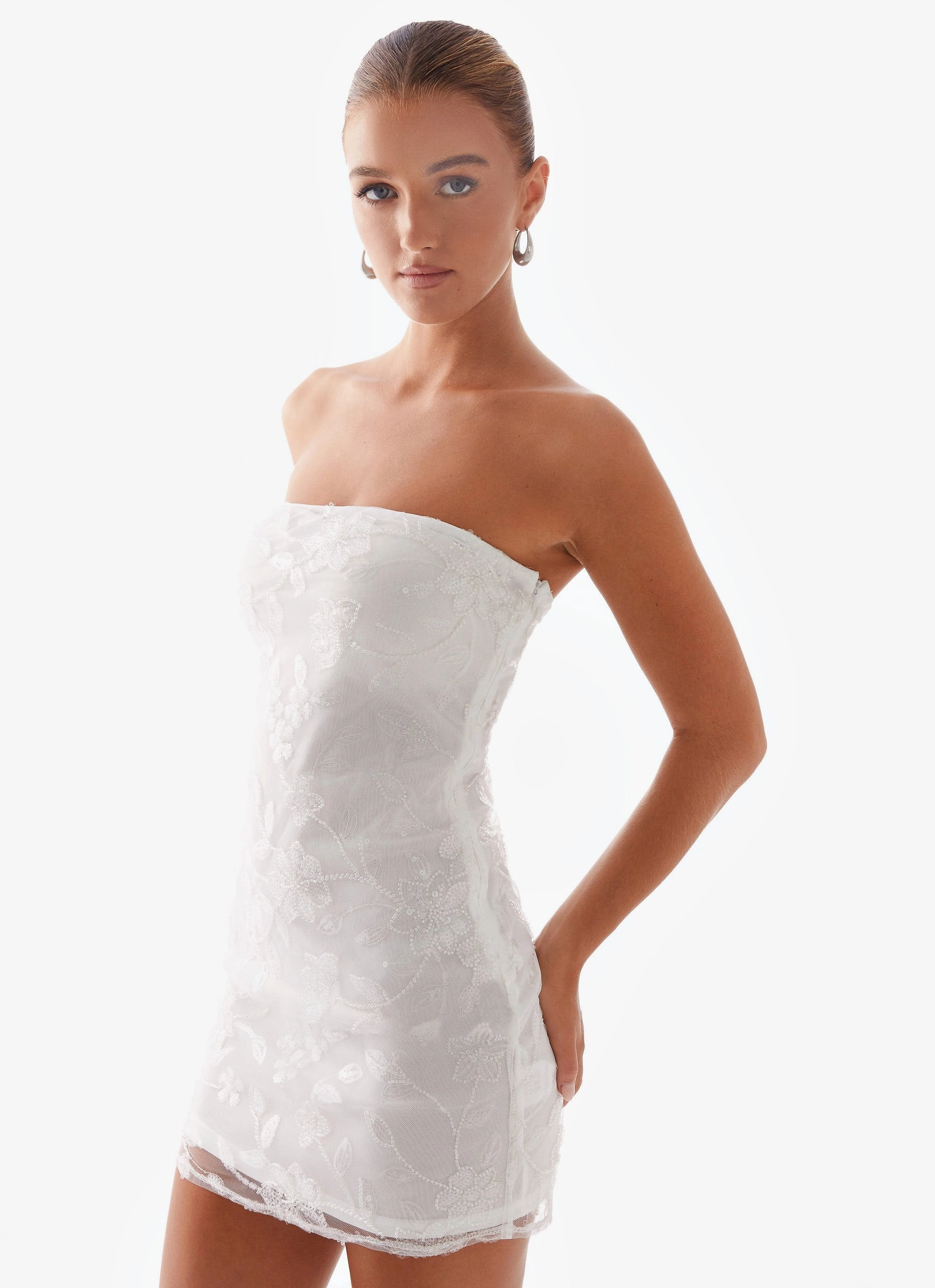 Moorey Beaded Mini Dress - White Silver Smart Silhouette Quick Fit