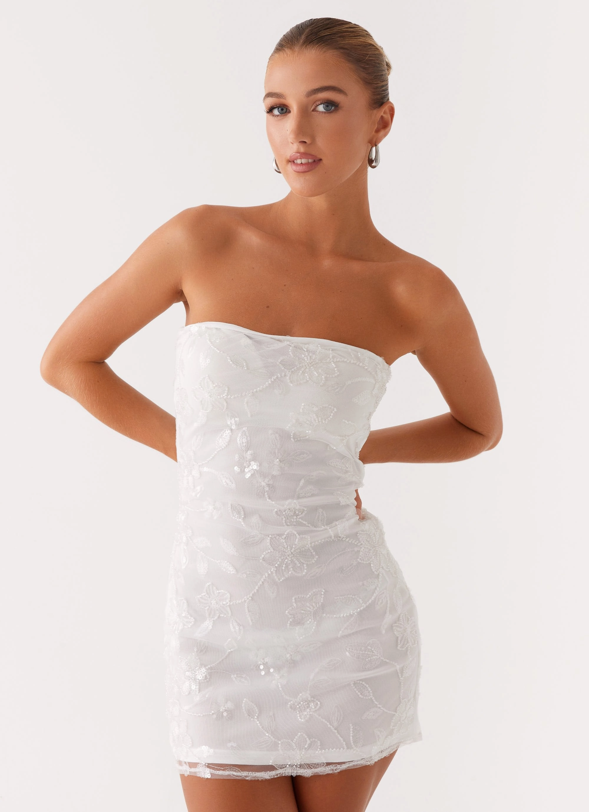 Moorey Beaded Mini Dress - White Silver Bold-Color